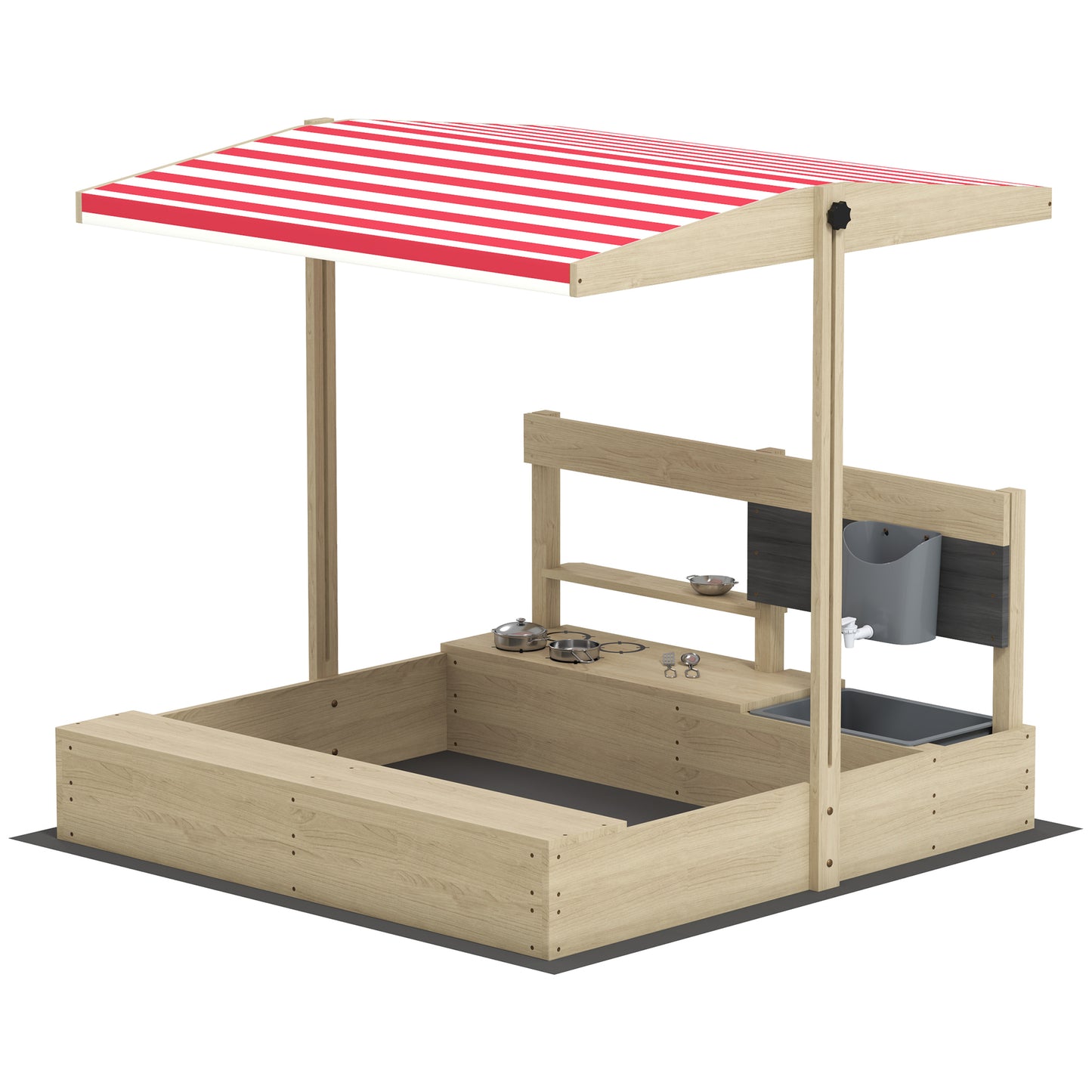 Kids Sandbox with Cover Kitchen Playset Toys, Wooden Sand Box with Seat, Storage, for 3-7 Years Old, Natural Wood Kids Crystal