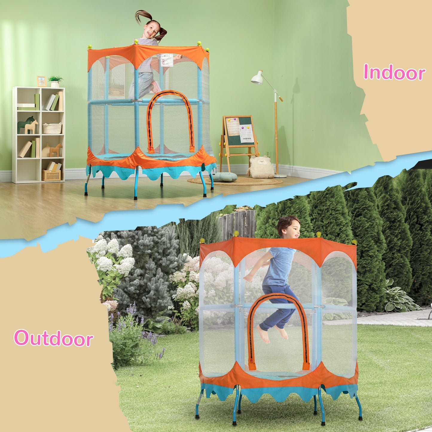 Trampoline for Kids, 4.6FT Mini Toddler Trampoline Indoor Outdoor with Handlebar, Safety Enclosure Net, Blue Kids Crystal
