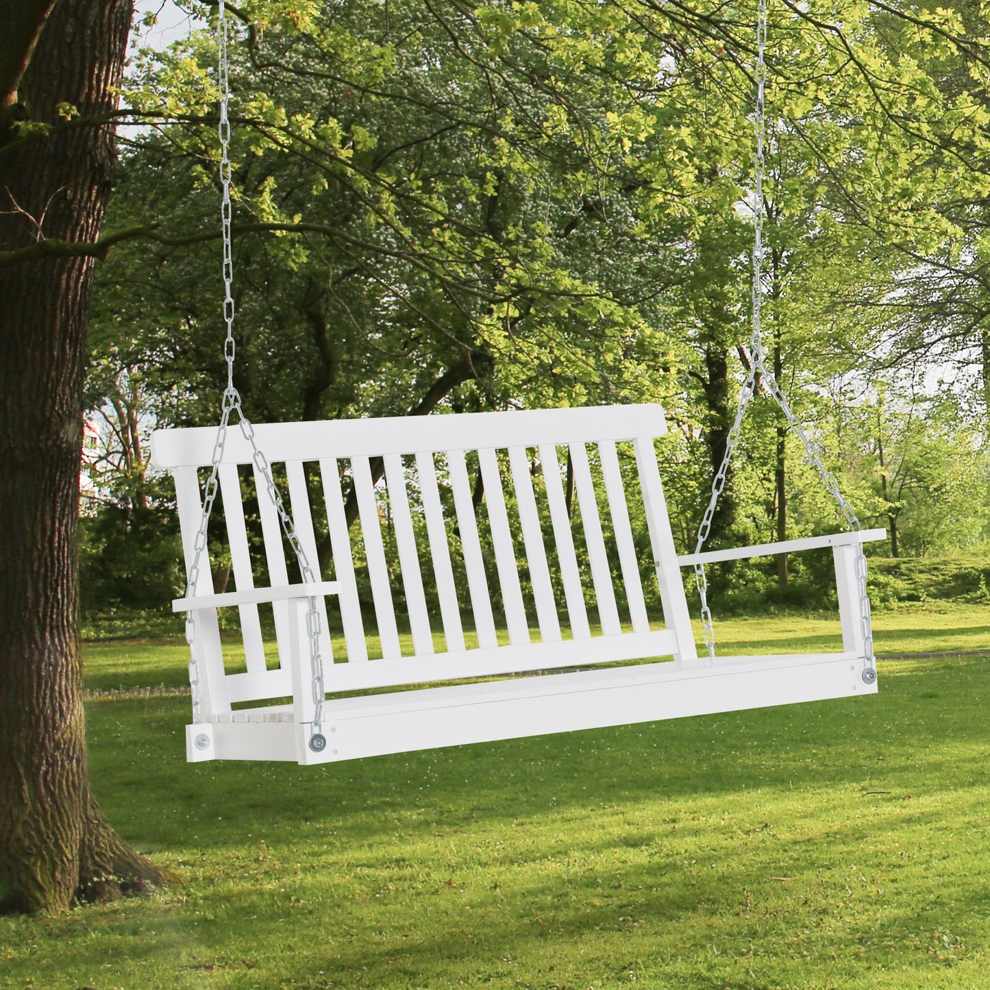 Swing Seat Porch Outdoor 2-Seater Fir Wooden Patio Hanging Bench with Slatted Design for Garden White Kids Crystal