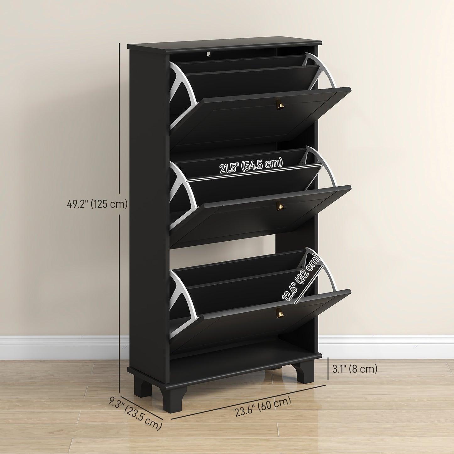Narrow Shoe Storage 3 Flip Drawers Adjustable Shelves Shoe Organizer 12 Pairs Black Space Saving Kids Crystal