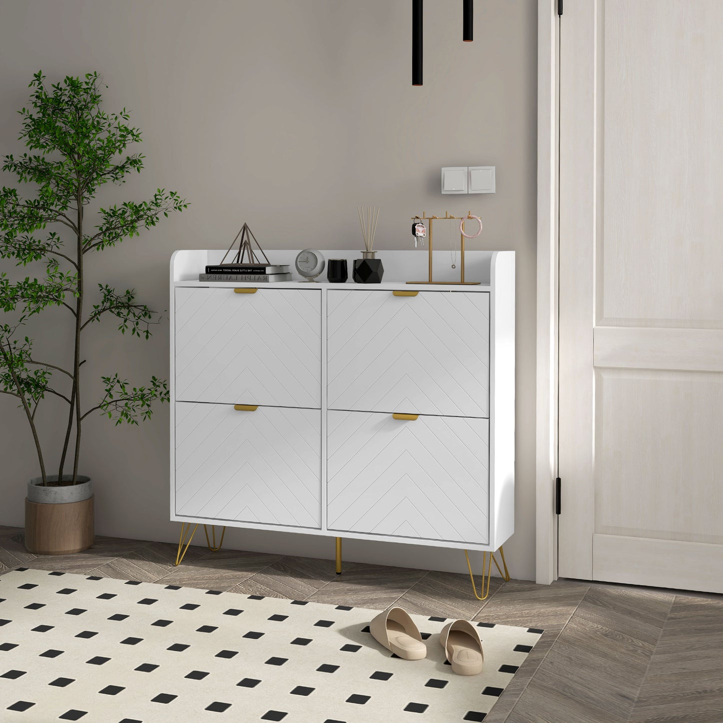 Shoe Storage Cabinet with 4 Flip Drawers Adjustable Shelf 16 Pairs of Shoes Cabinet White Kids Crystal