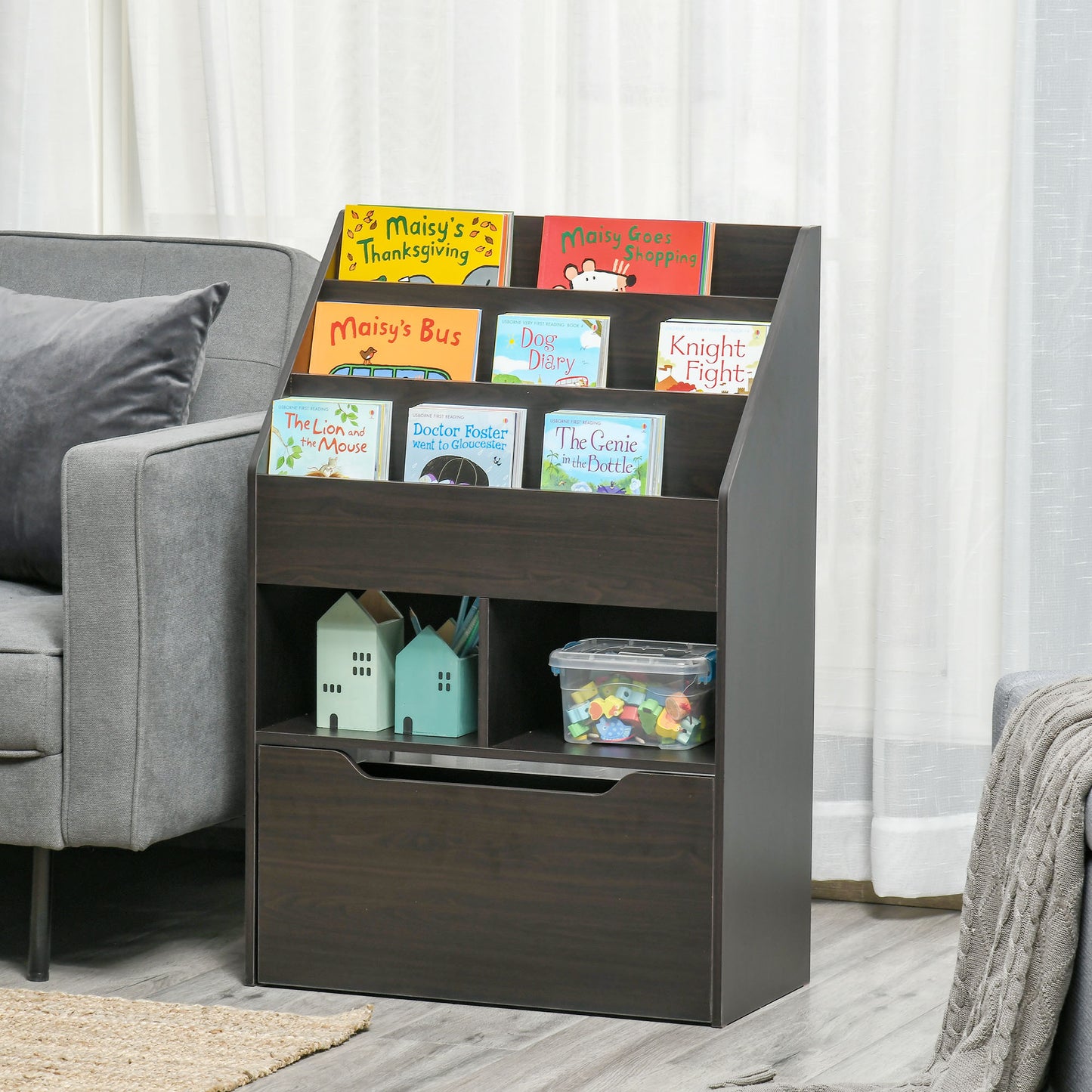 Kids Bookcase Multi Shelf Rack Organizer Storage Drawer Reading Nook Classroom Bedroom Playroom Brown Kids Crystal