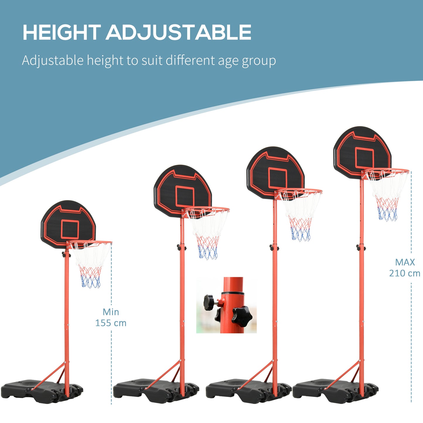 6.6'-8.2' Adjustable Portable Basketball Stand Outdoor Indoor Hoop System Backboard w/ Wheels For Youth Kids Kids Crystal