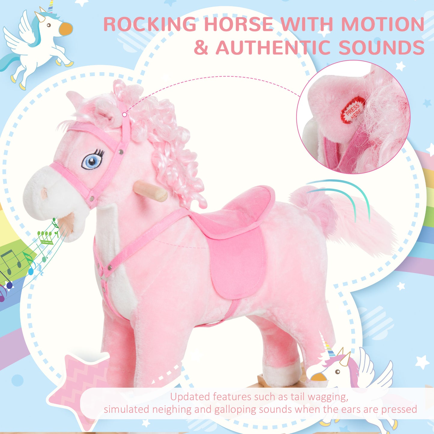 Kids Plush Rocking Horse Poney Child Ride On Toy Rocker w/ Realistic Sounds Pink Kids Crystal