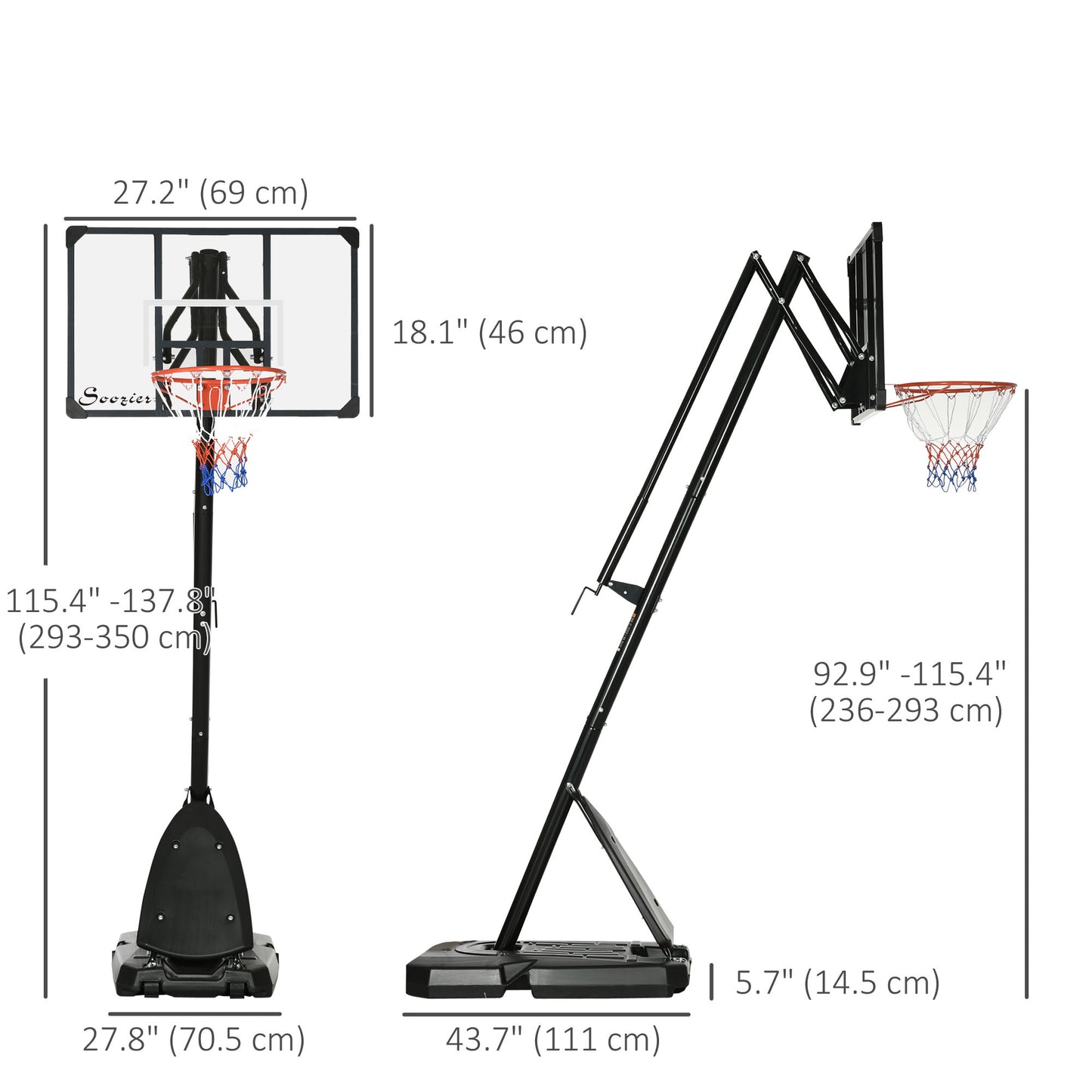 Portable Basketball Stand: Outdoor, 115.4"-137.8" Height Adjustable, with Backboard, Weighted Base Wheels - Black and Red Kids Crystal