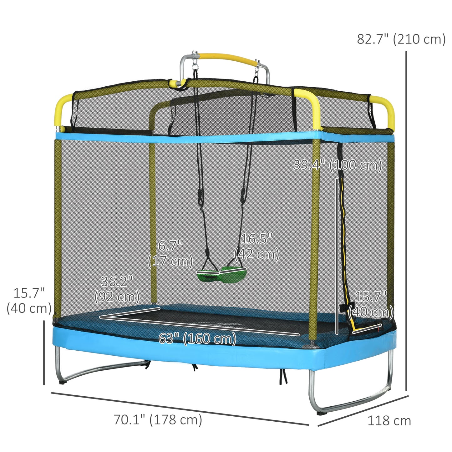 6.9FT Kids Trampoline with Safety Net, Gymnastics Bar, Swing, Toddler Trampoline for 3+ Years Old Indoor/Outdoor Kids Crystal