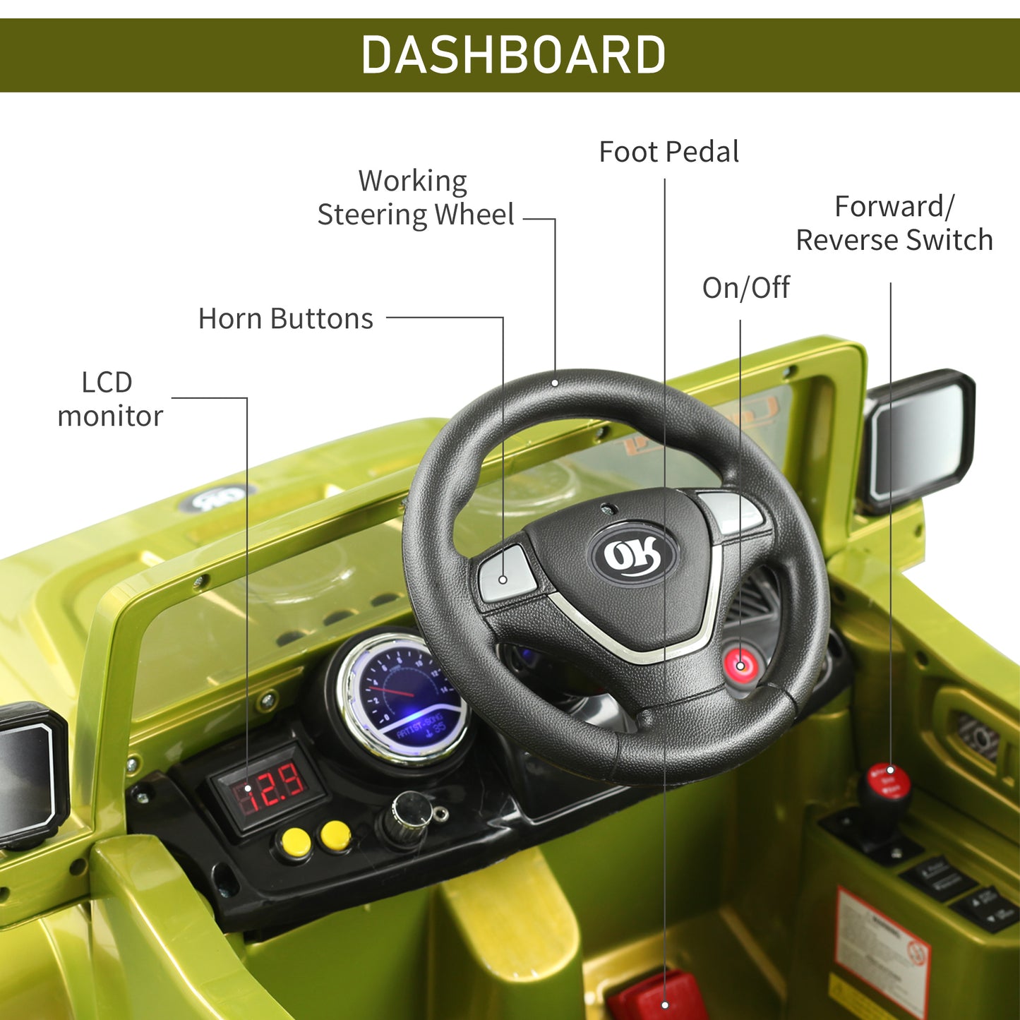12V Kids Ride-On Truck: Remote Control, 2 Speeds, Lights, MP3, LCD Power Indicator, Green Kids Crystal