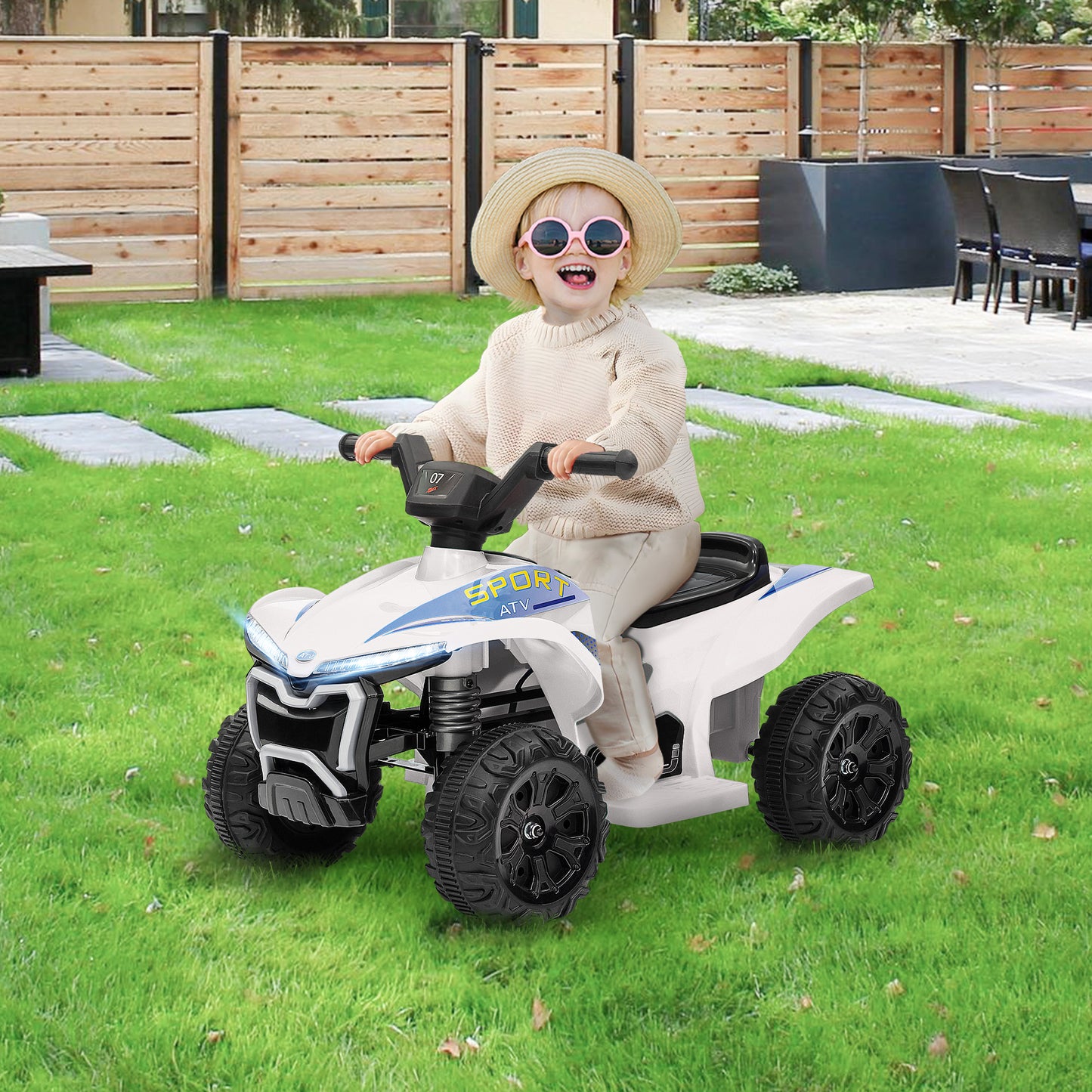 Kids ATV, 6V Battery Powered Electric Vehicle with Headlights, Forward/Reverse Switch for 18-36 Months, White Kids Crystal