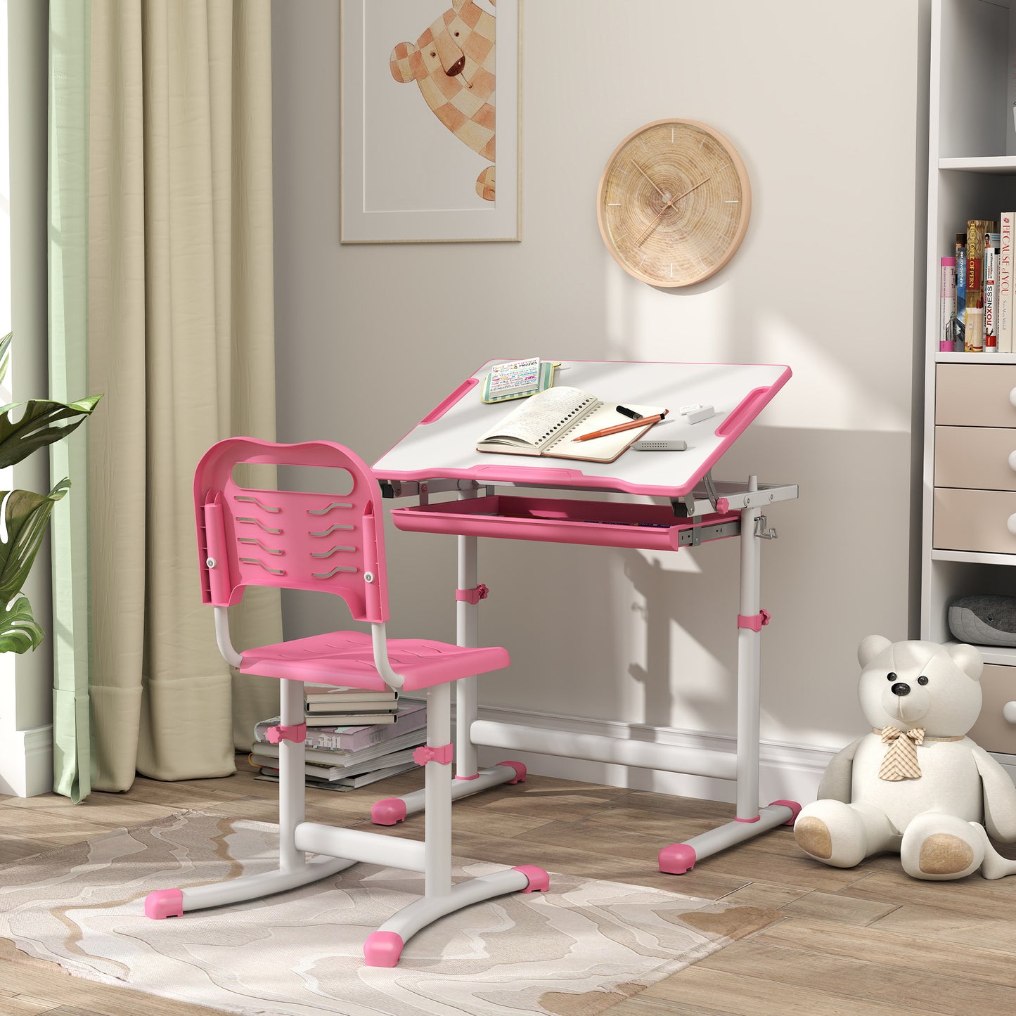 Height Adjustable Study Table and Chair Set with Drawer, Pen Slot, Tiltable Desktop, Hook, Pink Kids Crystal