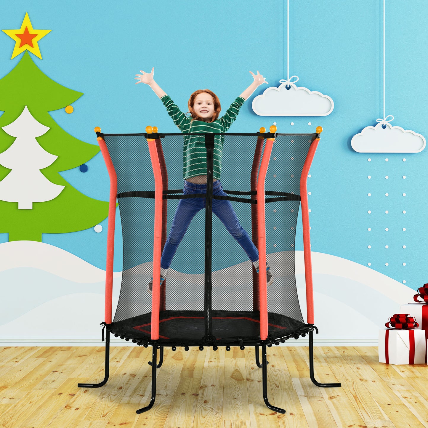 64" Kids Trampoline Indoor/Outdoo with Enclosure Net Elastic Thick Padded Pole Gift for Ages 3-10 Years Old Red Kids Crystal