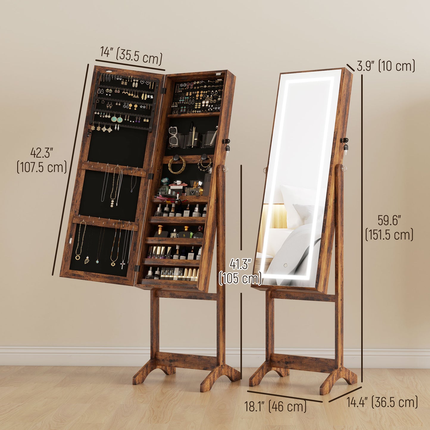 Lockable Jewelry Cabinet: With LED Light, Full-Length Mirror for Bedroom, Dressing Room, White Kids Crystal