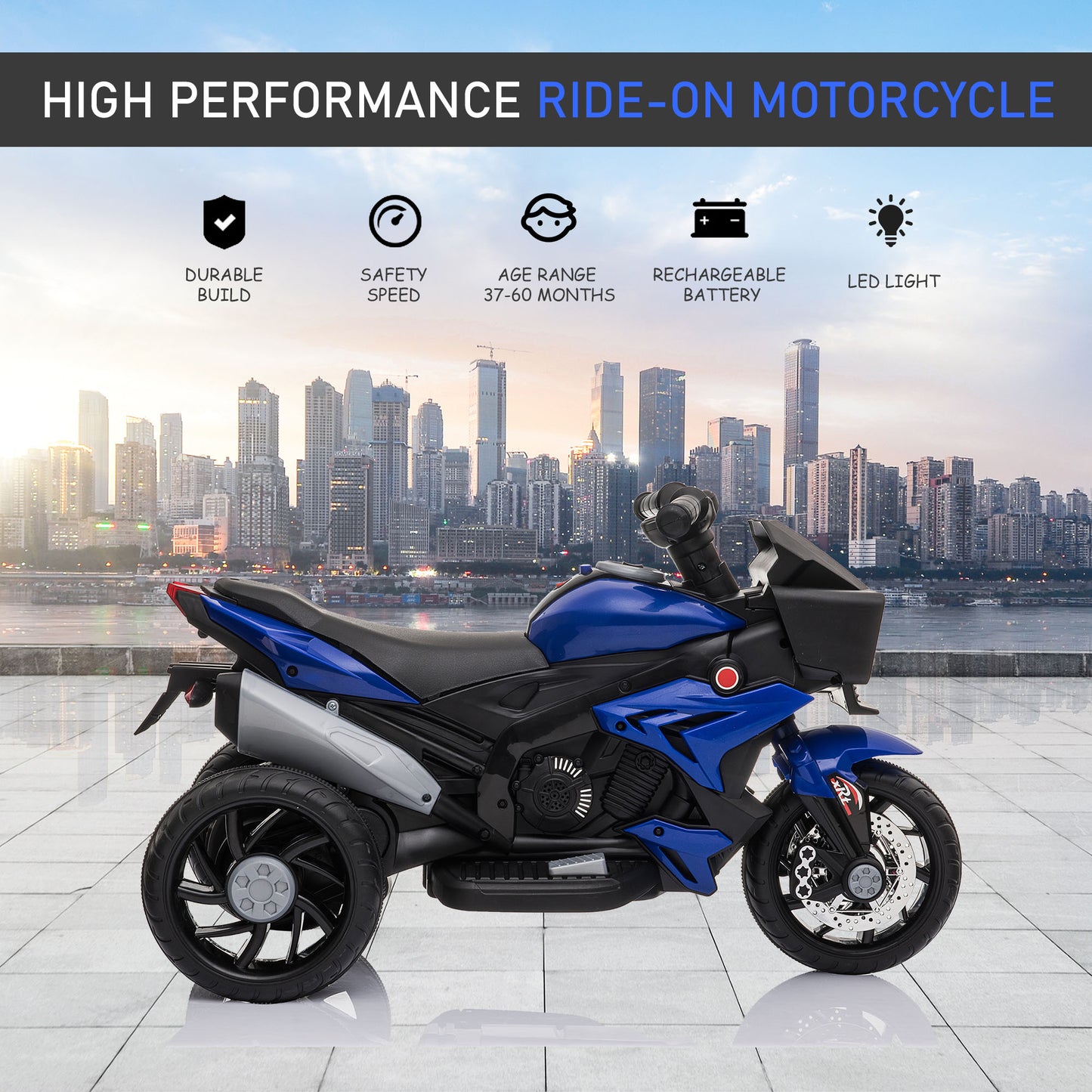 Kids Electric Motorcycle Ride-On Toy 6V Battery Powered with Music Horn Headlights Blue Kids Crystal