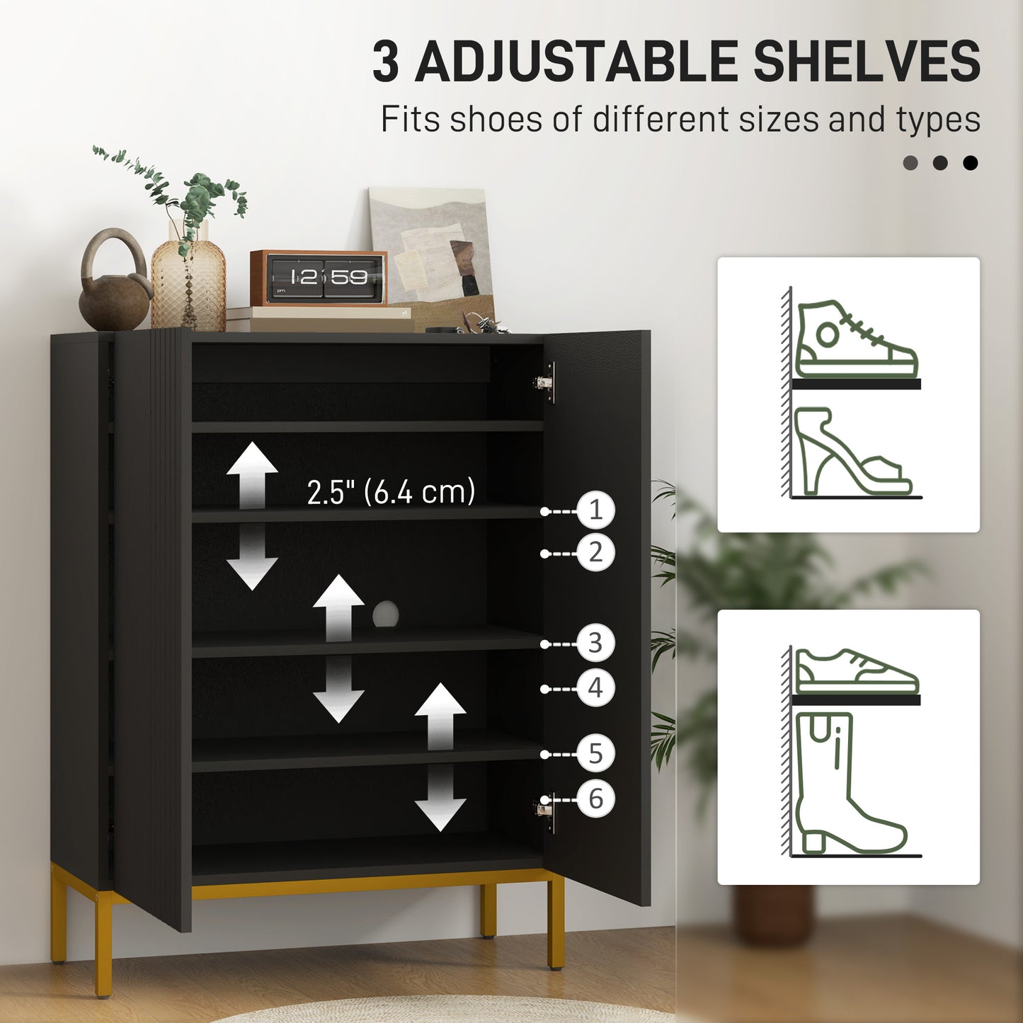 Shoe Storage Cabinet with Adjustable Shelves and Soft-Close Hinges, for 15-20 Pairs of Shoes, Black Kids Crystal