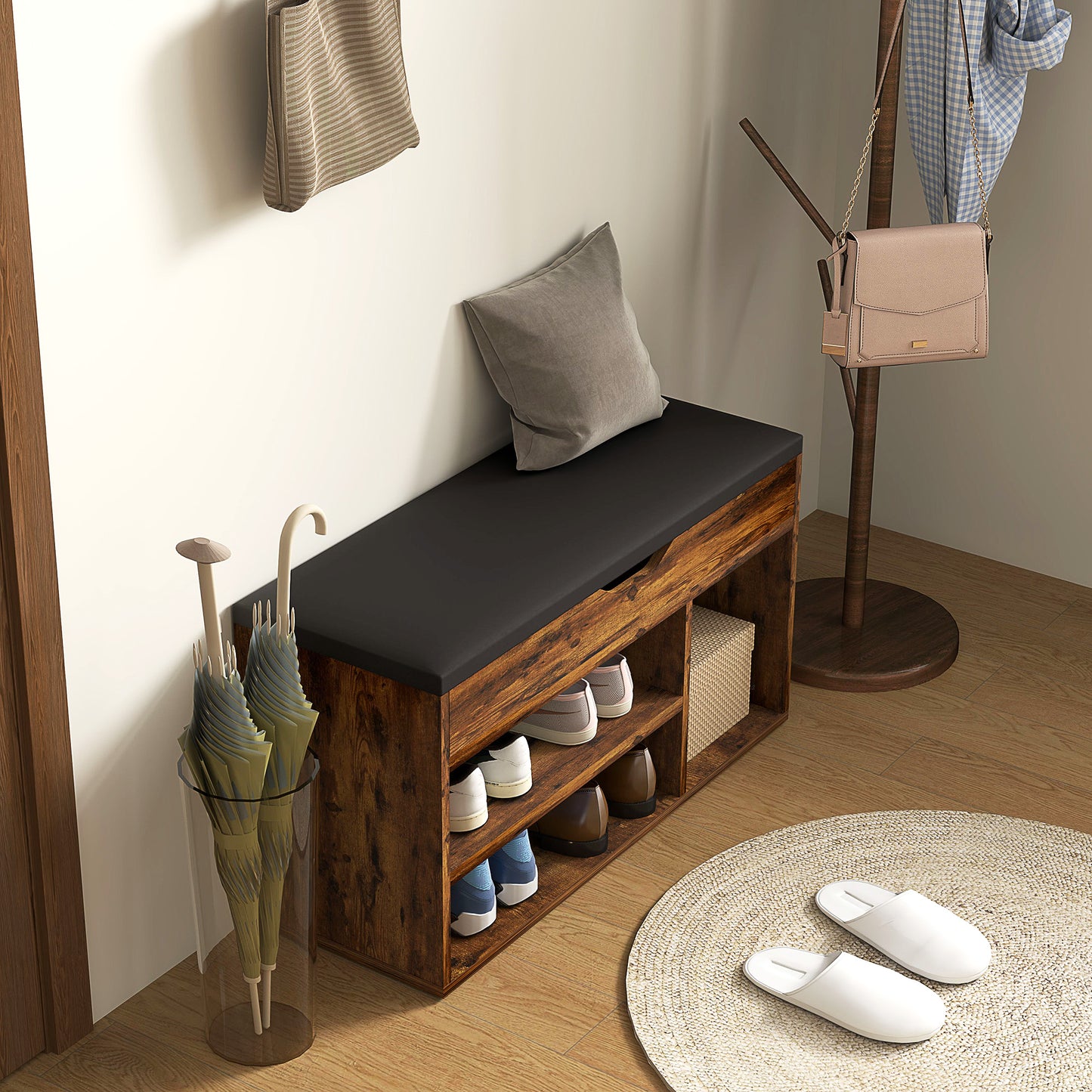Shoe Bench Entryway Storage Rack with Padded Cushion, Hidden Storage for Hallway, Living Room, Rustic Brown Kids Crystal