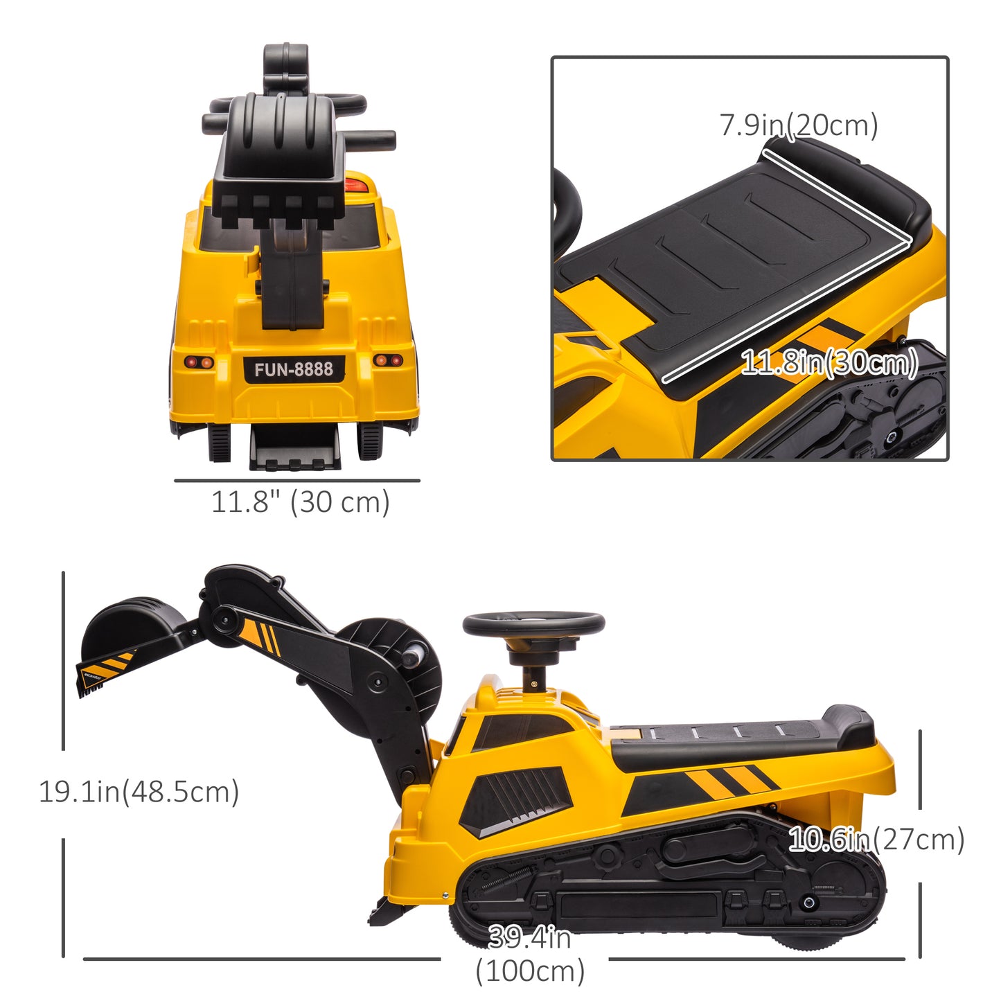 3 in 1 Kids Ride On Excavator Bulldozer Road Roller Pretend Play Construction Toy with Music Yellow for 18-48 Months Kids Crystal