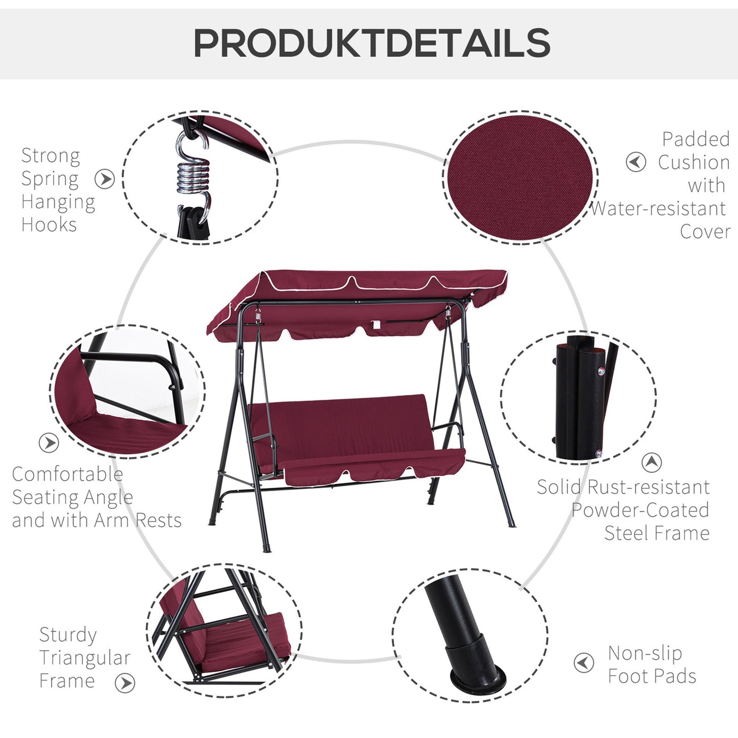 Meatal 3-Seater Outdoor Porch Swing with Stand Cushioned Garden Lounger Patio Hammock with Frame and Canopy, Wine Red Kids Crystal