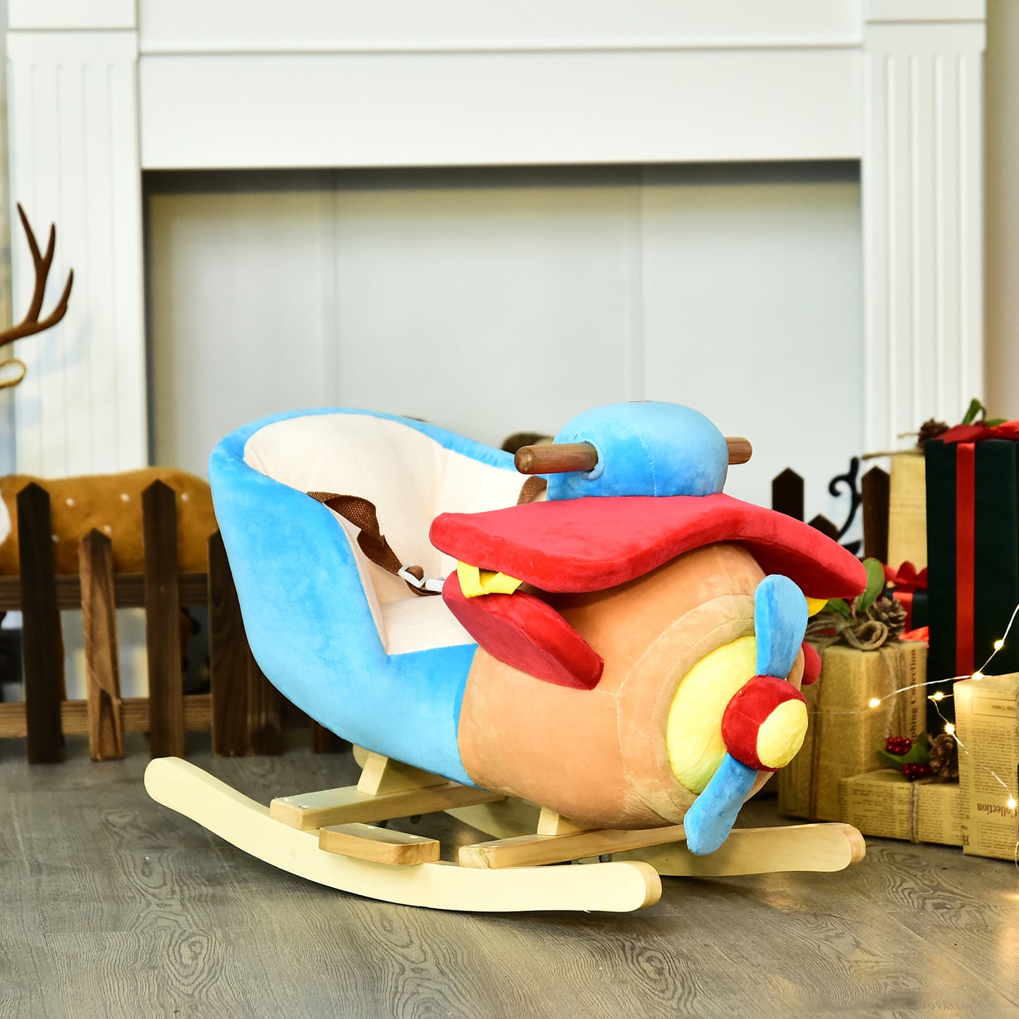 Kids Wooden Plush Ride-On Rocking Plane Chair Toy for Toddler Boy& Girl with Nursery Rhyme Kids Crystal