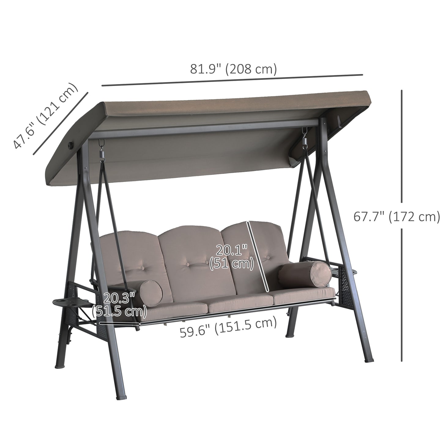 3-Person Porch Swing Chair Heavy Duty Outdoor Lounge Hammock with Cushioned Seat and Tilt Canopy Brown Kids Crystal