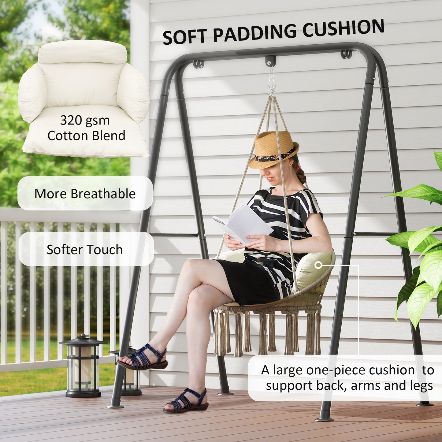 Boho Hammock Chair Swing Hanging Chair with Cushion, Chain, Steel Frame for Indoor Outdoor Bedroom Patio Balcony, Cream Kids Crystal