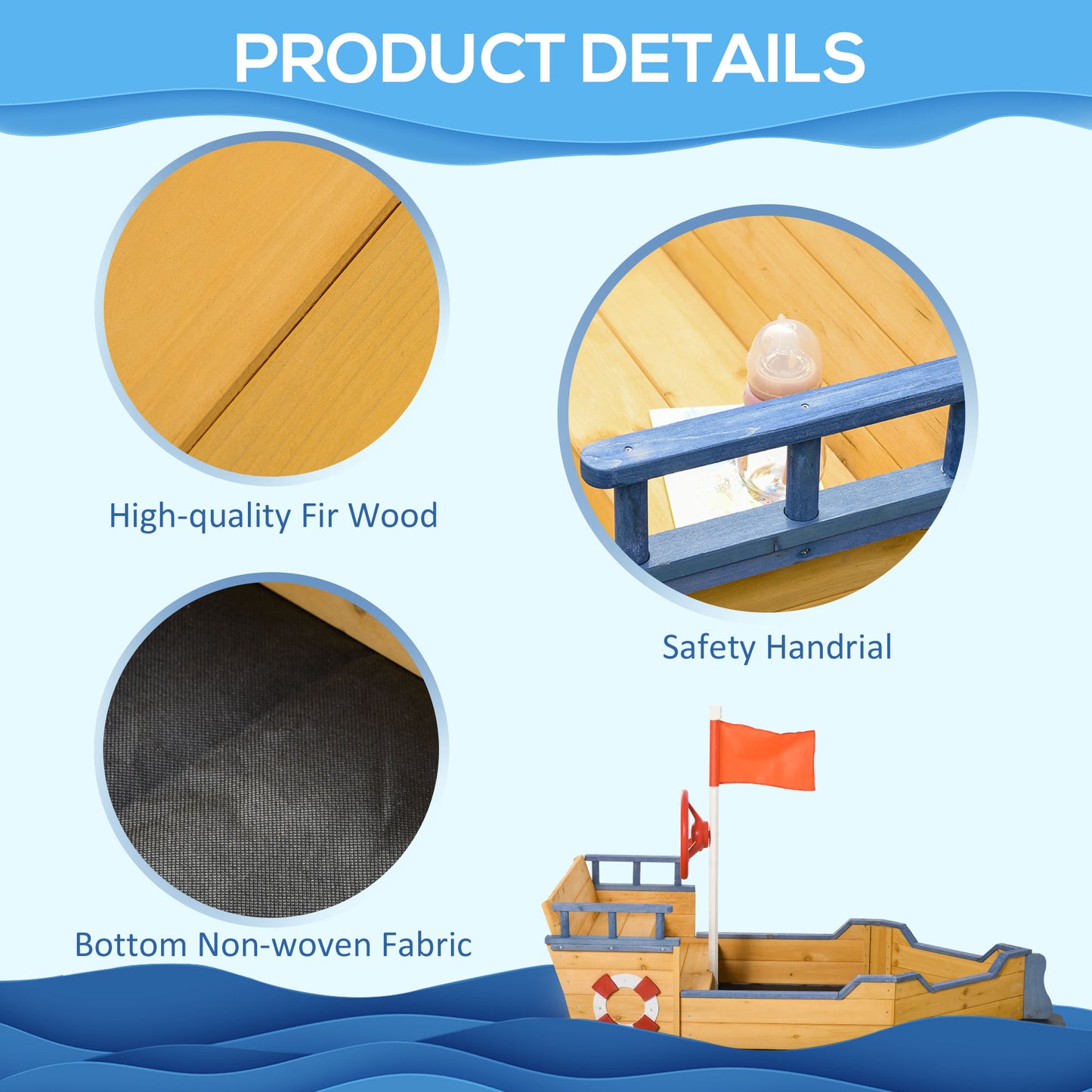 Pirate Ship Sandbox Wooden Outdoor Playset for Kids Backyard Play Station Bench Seat Storage Flag Kids Crystal