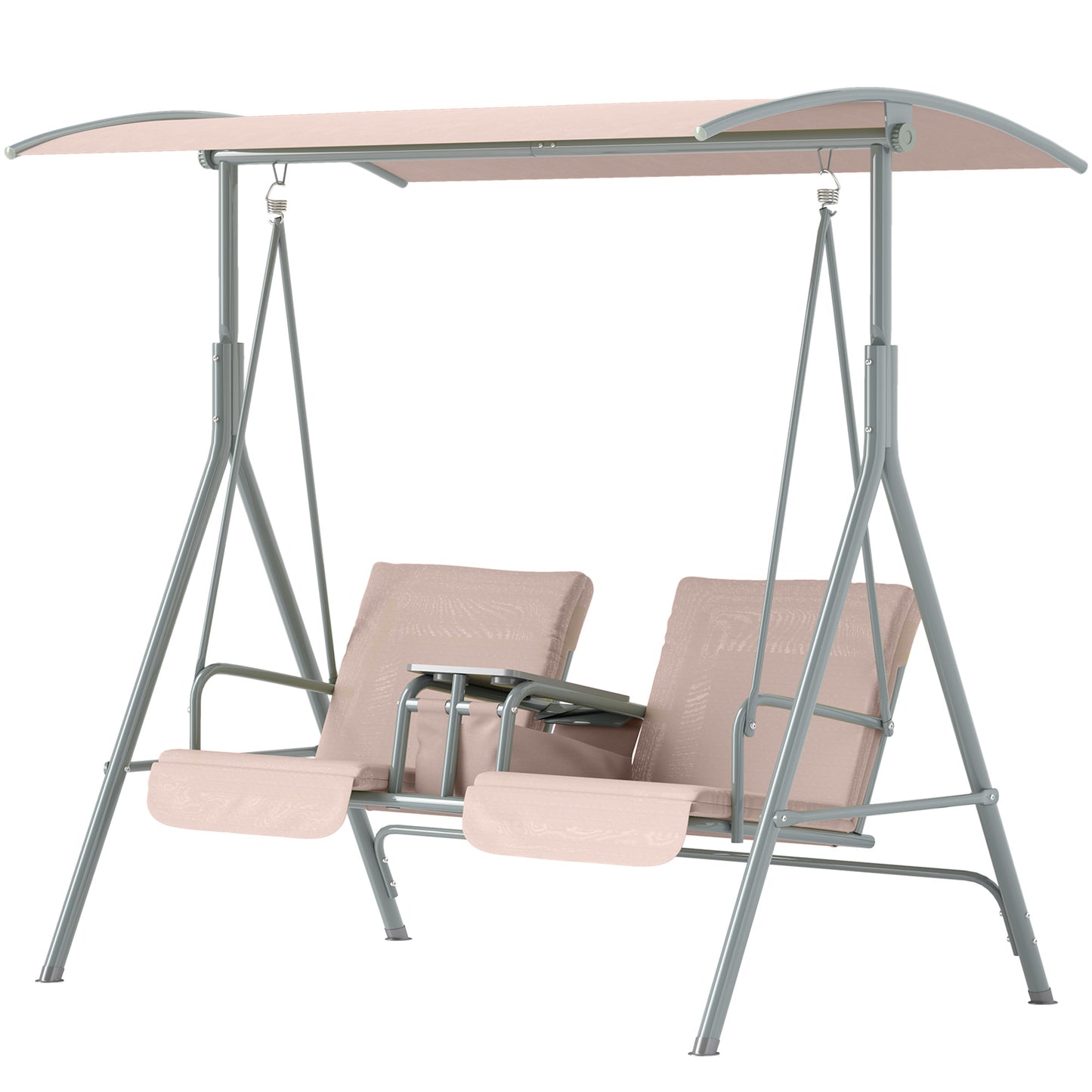 Double Outdoor Swing Chair 2 Person Covered Swing Porch Swing w/ Pivot Table and Storage Console, Beige
