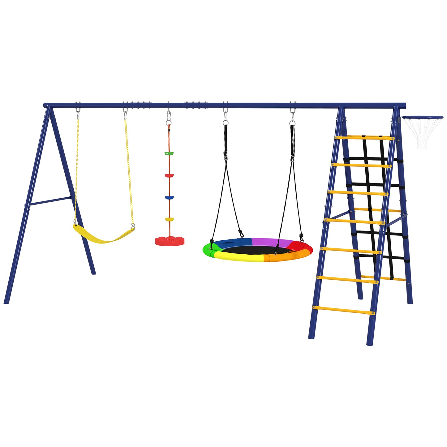 6 in 1 Kids Swing Set with 1 Saucer Swing, 1 Belt Swing, 1 Disc Rope Swing, Climbing Ladder and Net, Basketball Hoop Kids Crystal