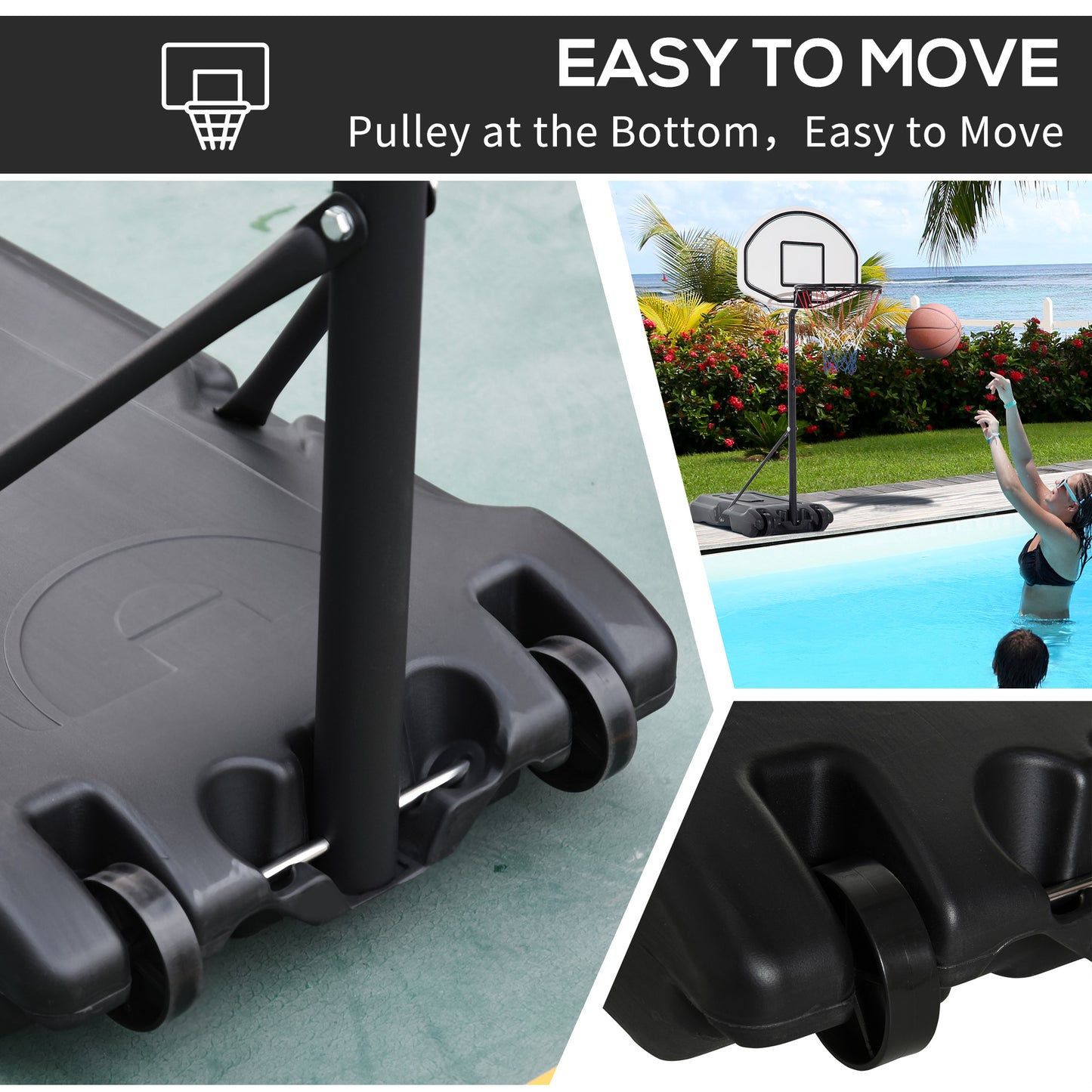 51"-64" Height Adjustable Basketball Hoop System Portable Poolside with Wheels Kids Crystal