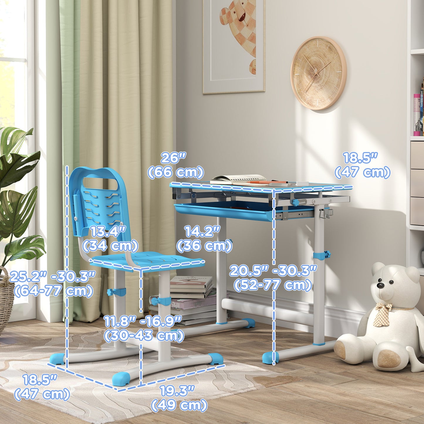 Height Adjustable Study Table and Chair Set with Drawer, Pen Slot, Tiltable Desktop, Hook, Blue Kids Crystal