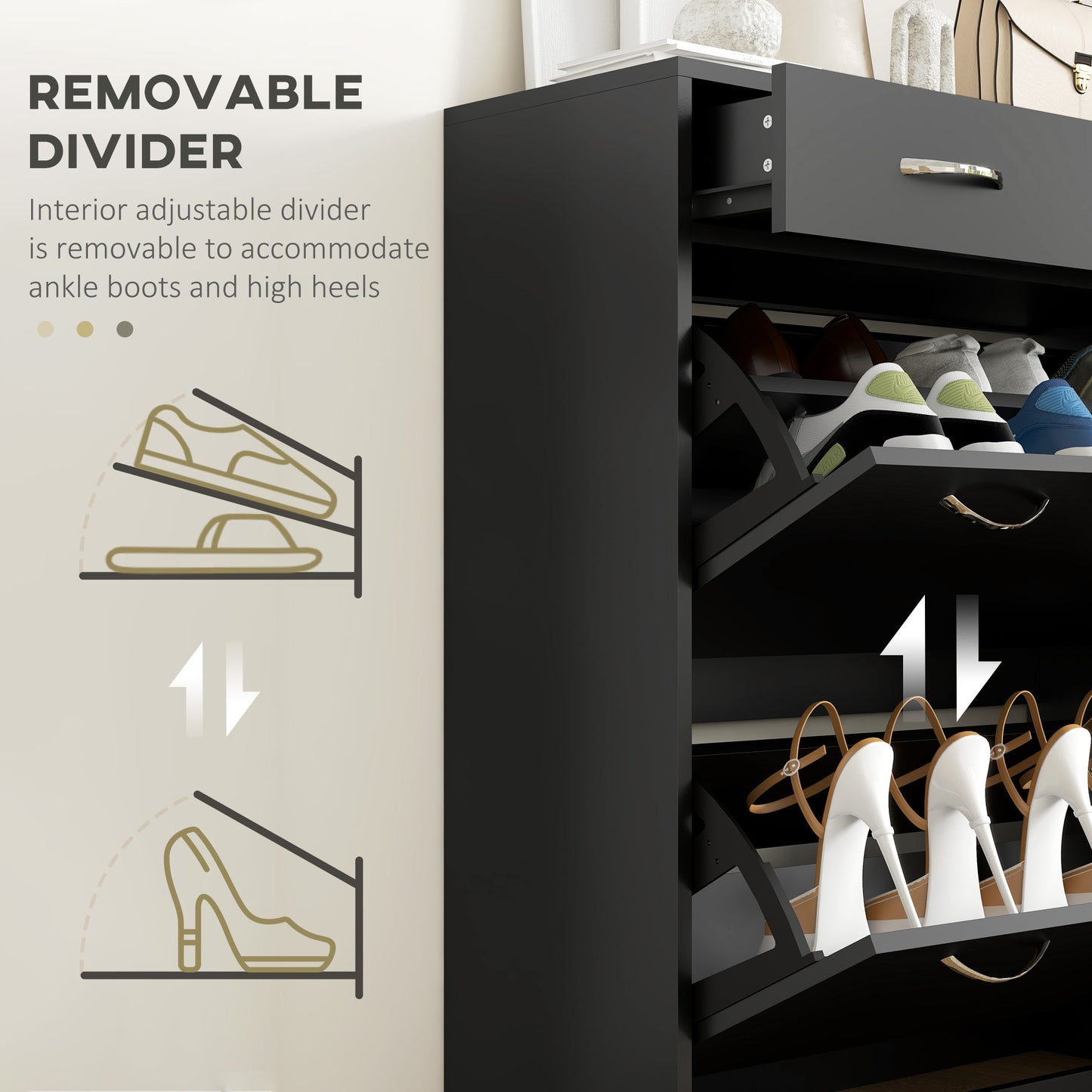 Shoe Storage Cabinet 12 Pairs Adjustable Shelves 2 Drawers Space Saving Compact Black Kids Crystal