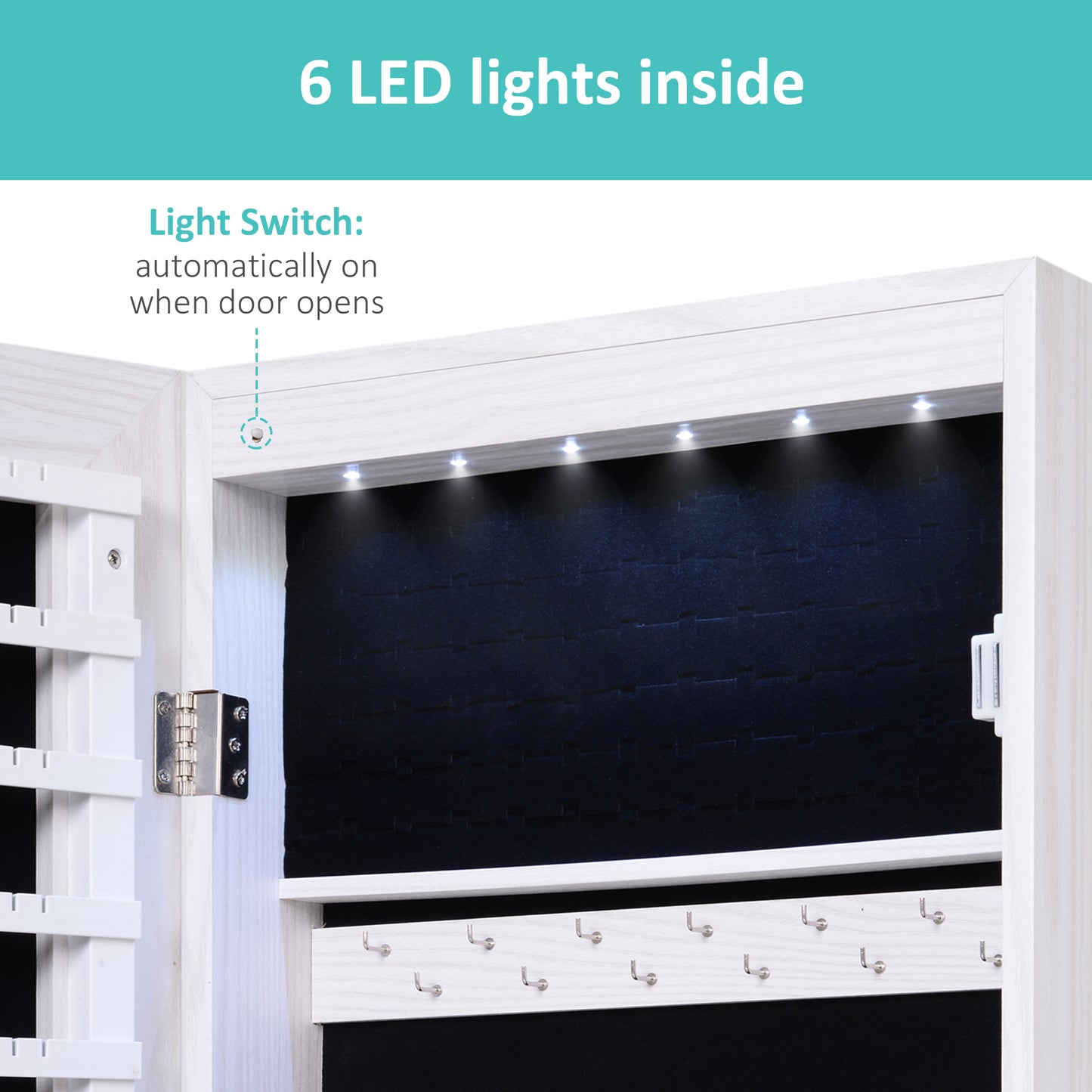 LED Lighted Mirror Jewelry Cabinet Wall Door Mounted Storage Organizer Armoire Wood Grain Gray