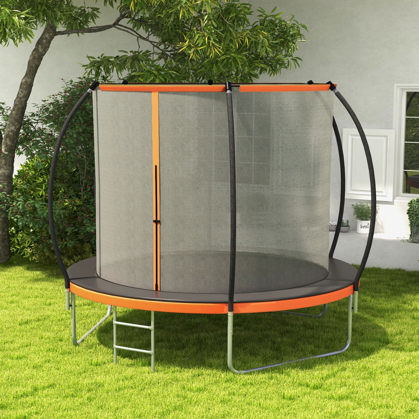 8ft Outdoor Trampoline with Enclosure Net and Ladder, Backyard Fitness Trampoline for Teens and Adults Kids Crystal
