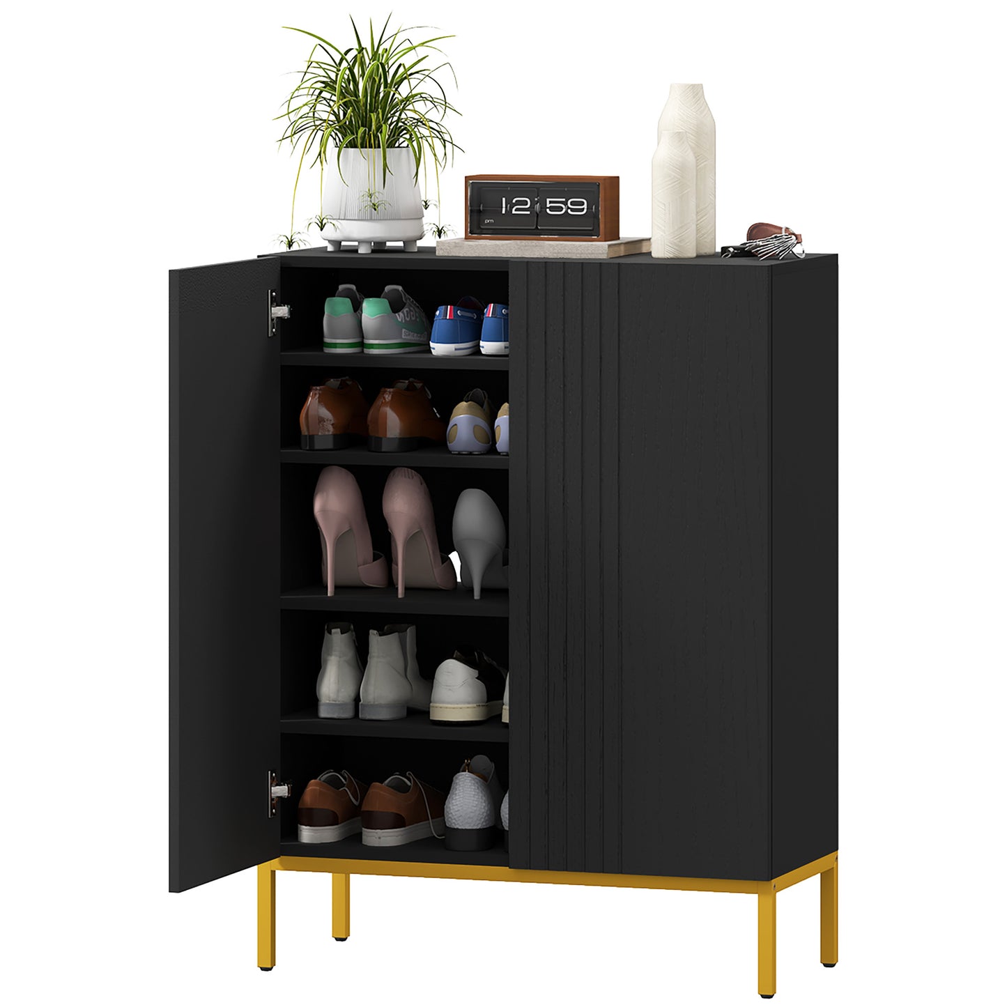 Shoe Storage Cabinet with Adjustable Shelves and Soft-Close Hinges, for 15-20 Pairs of Shoes, Black Kids Crystal