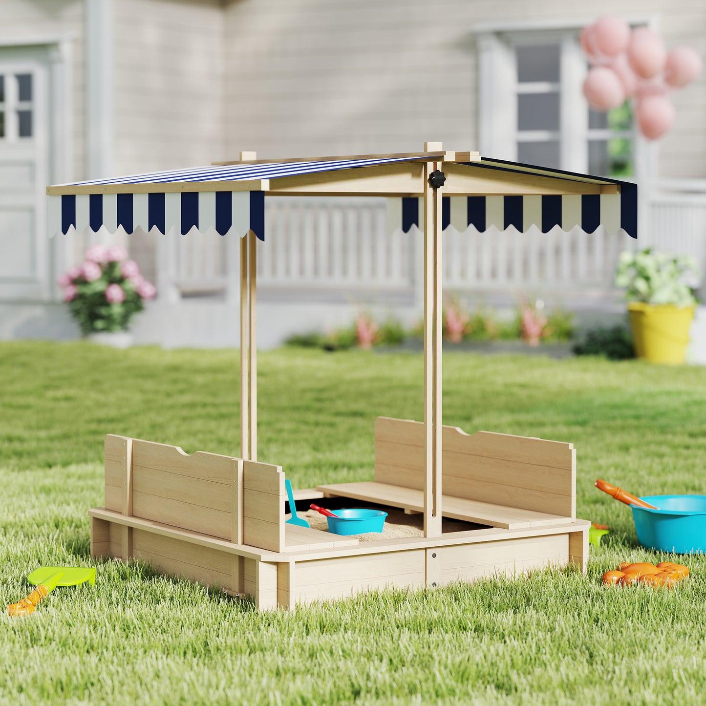 Wooden Sandbox for Kids with Adjustable Canopy and Convertible Bench, Outdoor Playset - Sand Kids Crystal