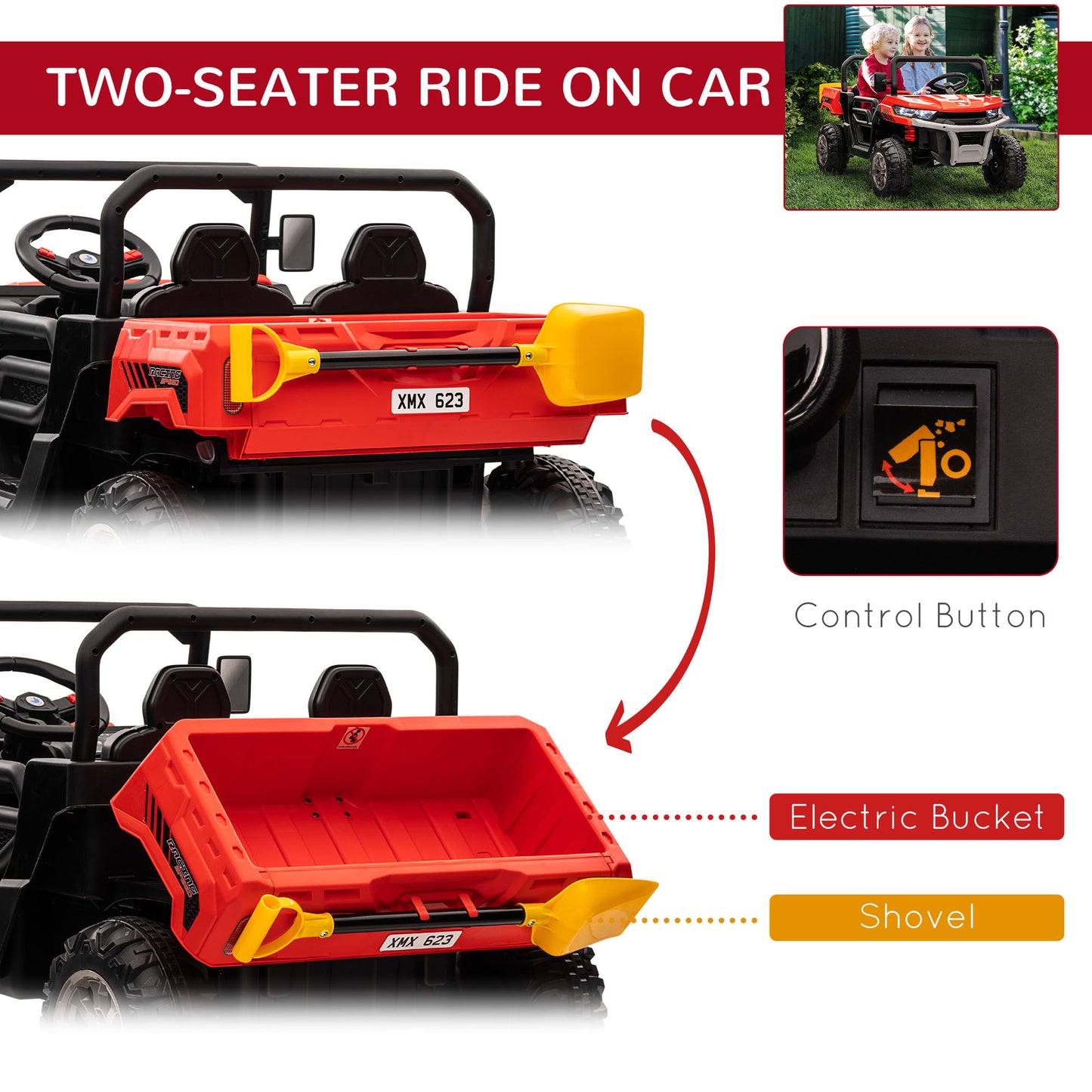 Kids Ride on Car 12V with Electric Bucket, Two-Seater Battery-Powered Cars for Kids with Shovel, Remote Control, Spring Suspension Kids Crystal