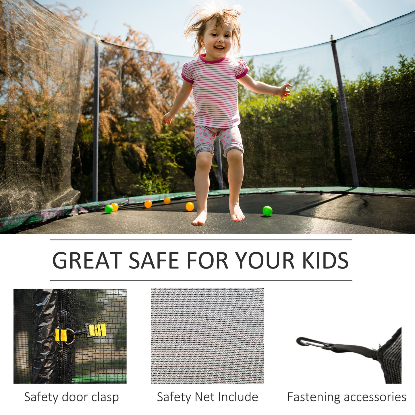 12' Round Trampoline Replacement Net Enclosure Safety Net Fence with 4 Arch 8 Poles Black Kids Crystal