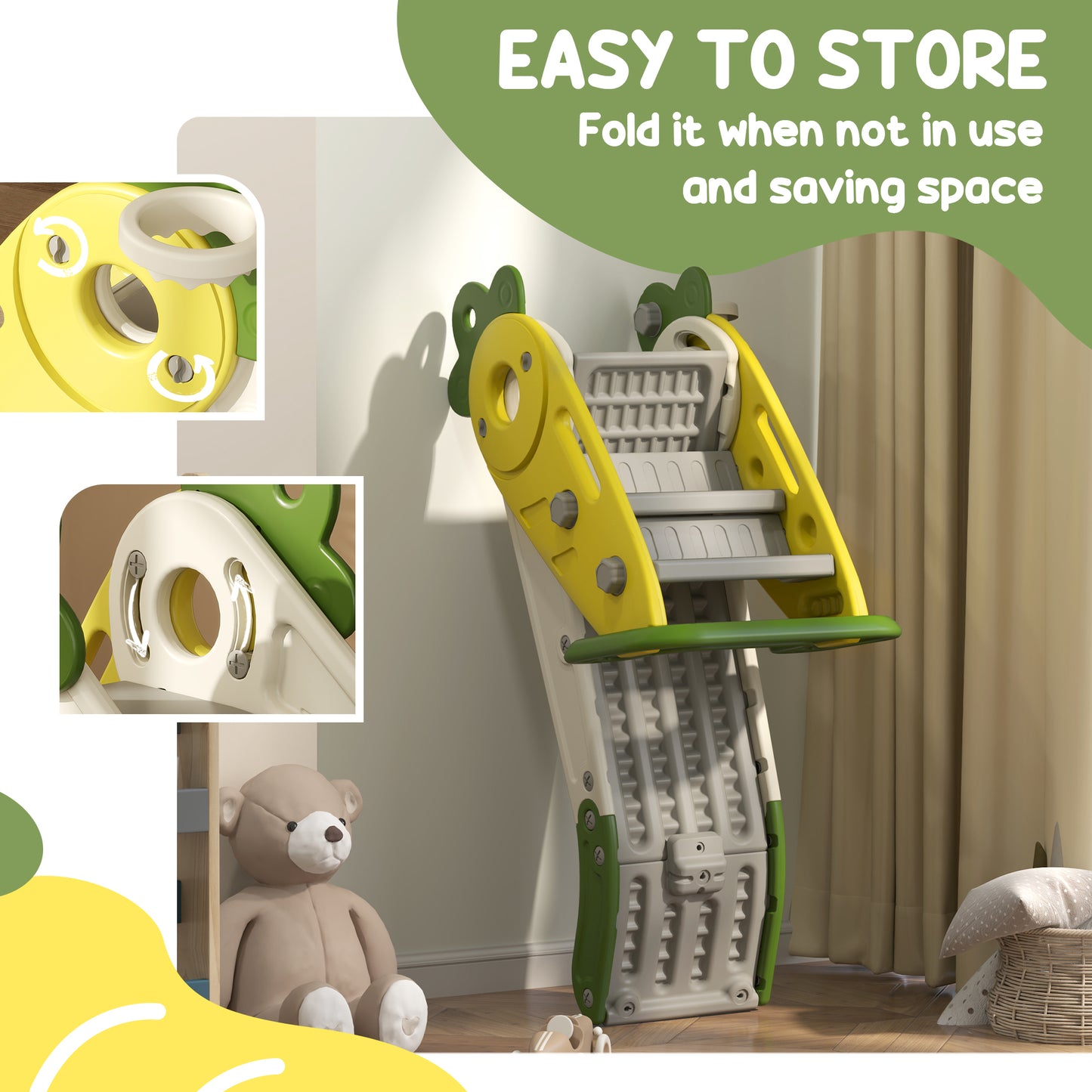 3 in 1 Foldable Toddler Slide with Basketball Hoop, Climber, for 1-3 Years Old, Yellow Kids Crystal