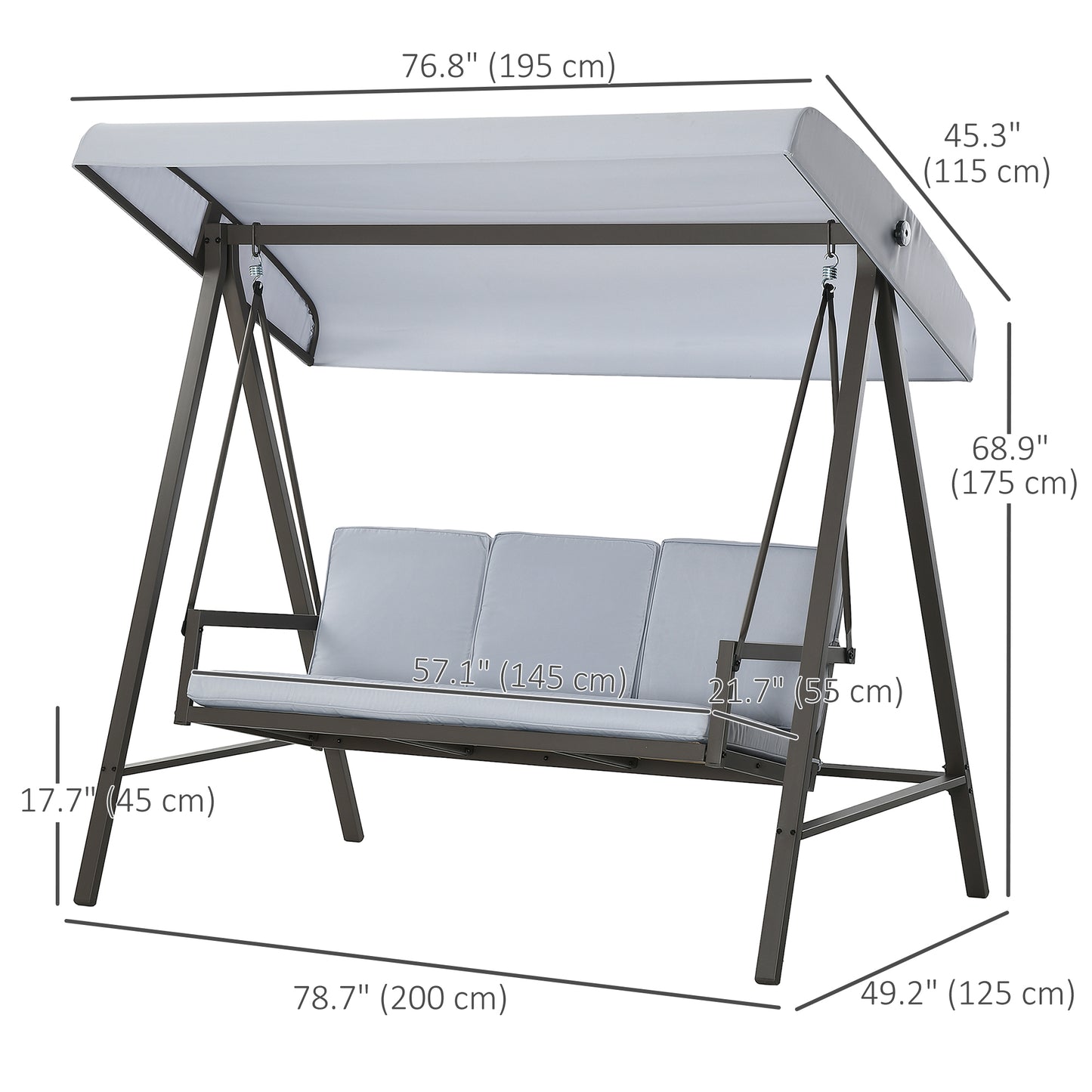 3 Seater Patio Swing Chair, Porch Swing with Adjustable Canopy and Removable Cushions, Outdoor Swing Seat, Light Grey Kids Crystal