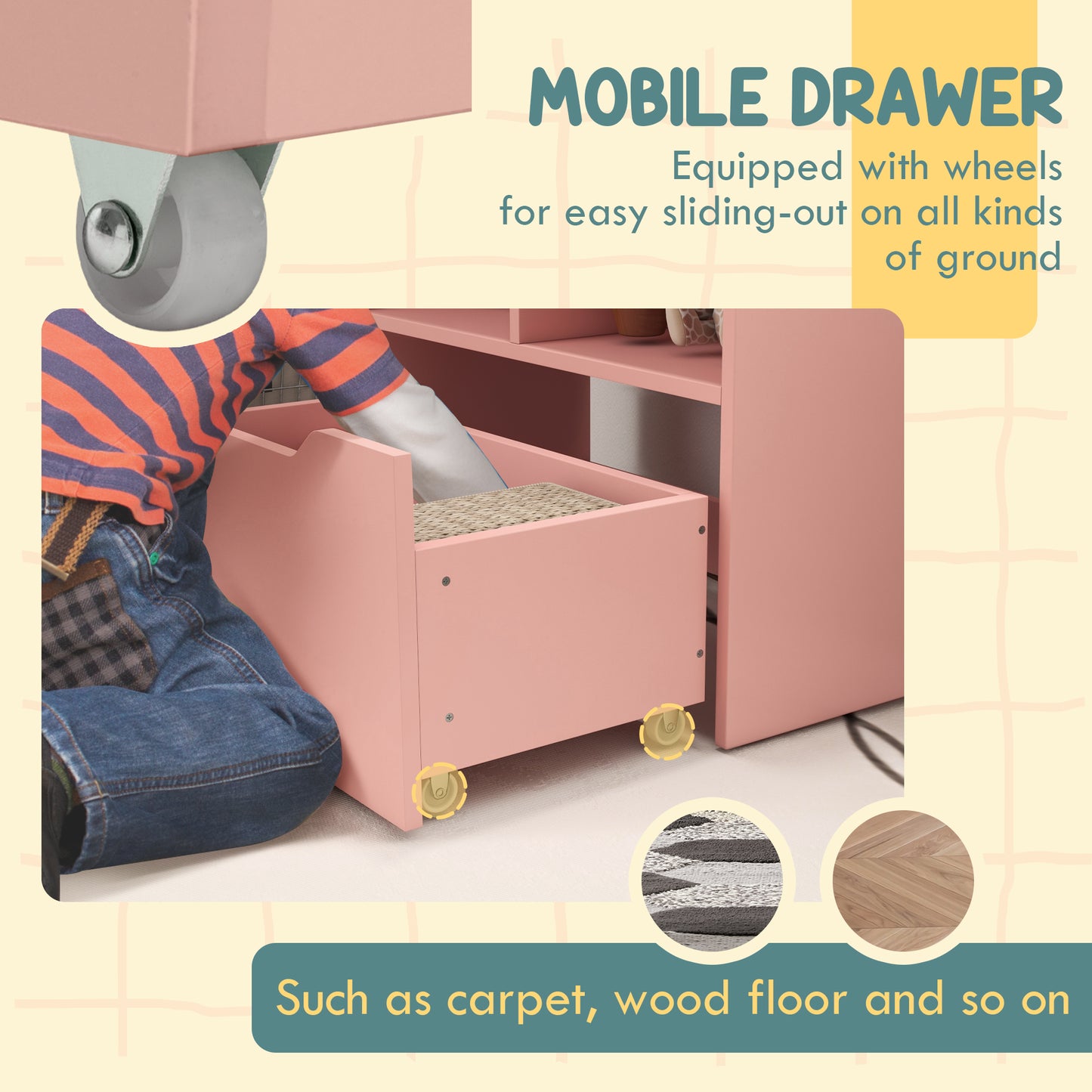 Kids Bookcase with Storage Drawer for Books, Reading Nook, for Classroom, Bedroom, Playroom, Pink