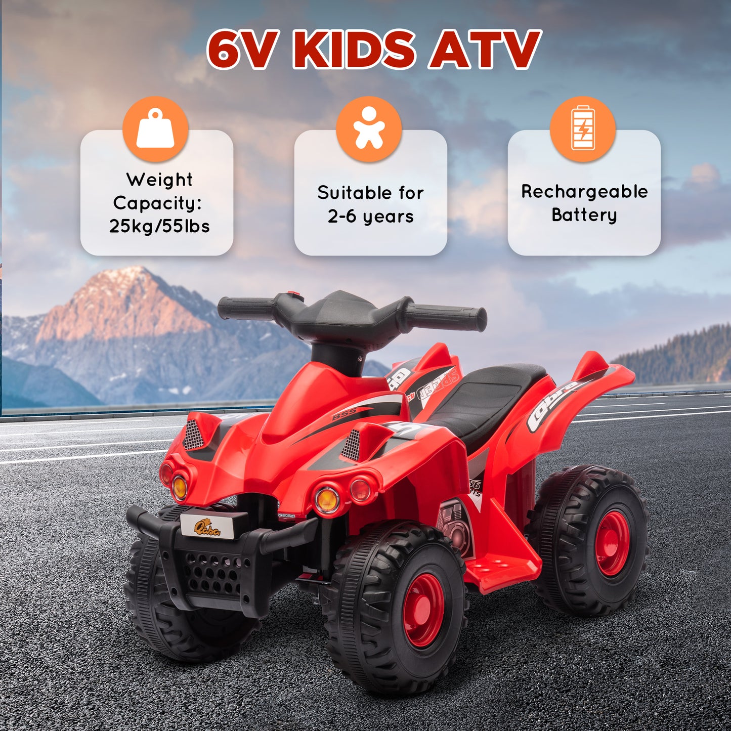 6V Kids ATV Quad w/ Music, Forward, for 2-6 Years, Red Kids Crystal