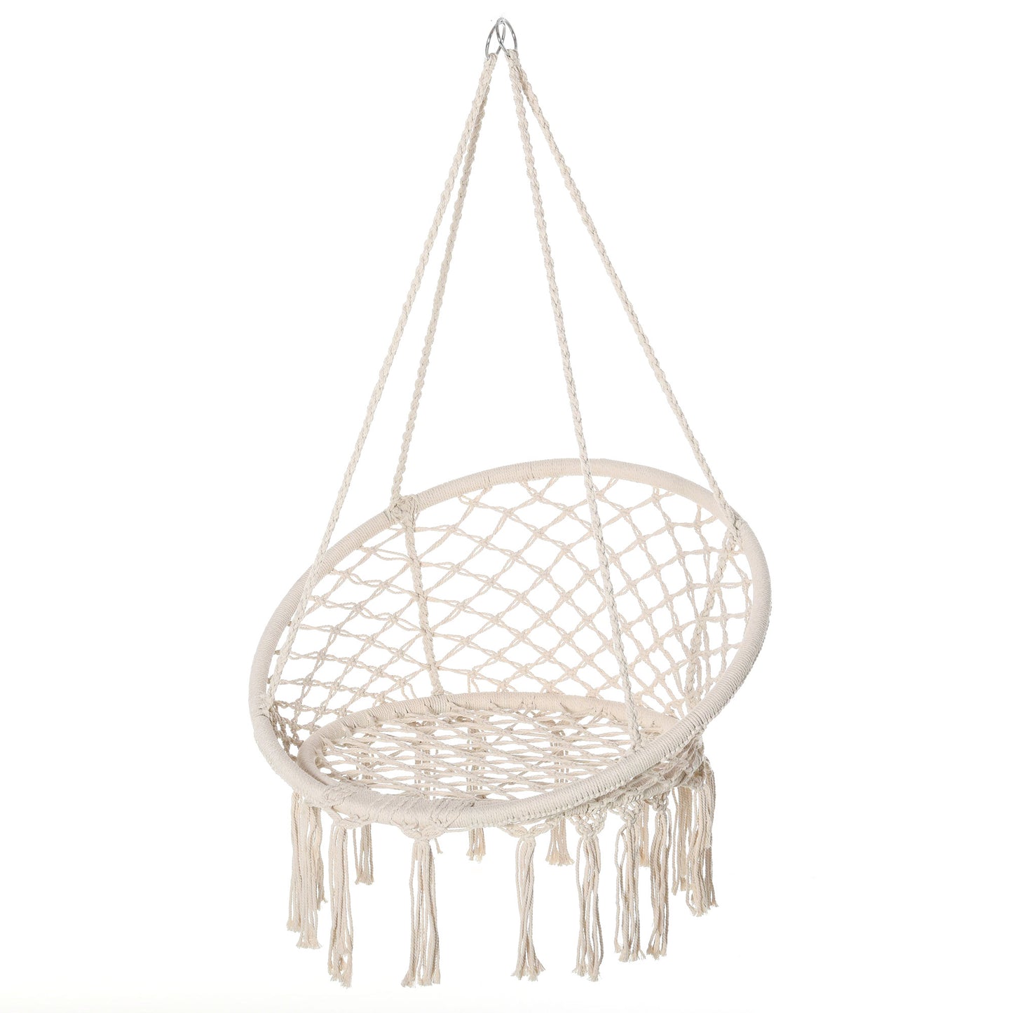 Hammock Chair Hanging Rope Swing Indoor Outdoor Backrest Cotton Polyester Fringe Tassels Cream White Kids Crystal