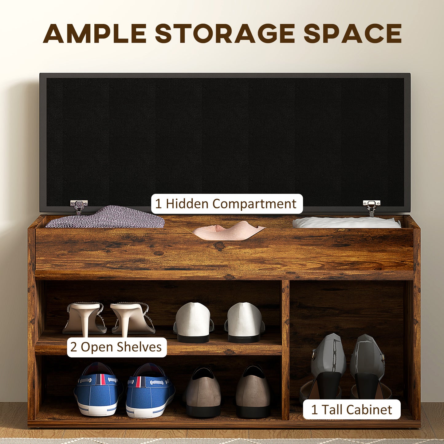 Shoe Bench Entryway Storage Rack with Padded Cushion, Hidden Storage for Hallway, Living Room, Rustic Brown Kids Crystal
