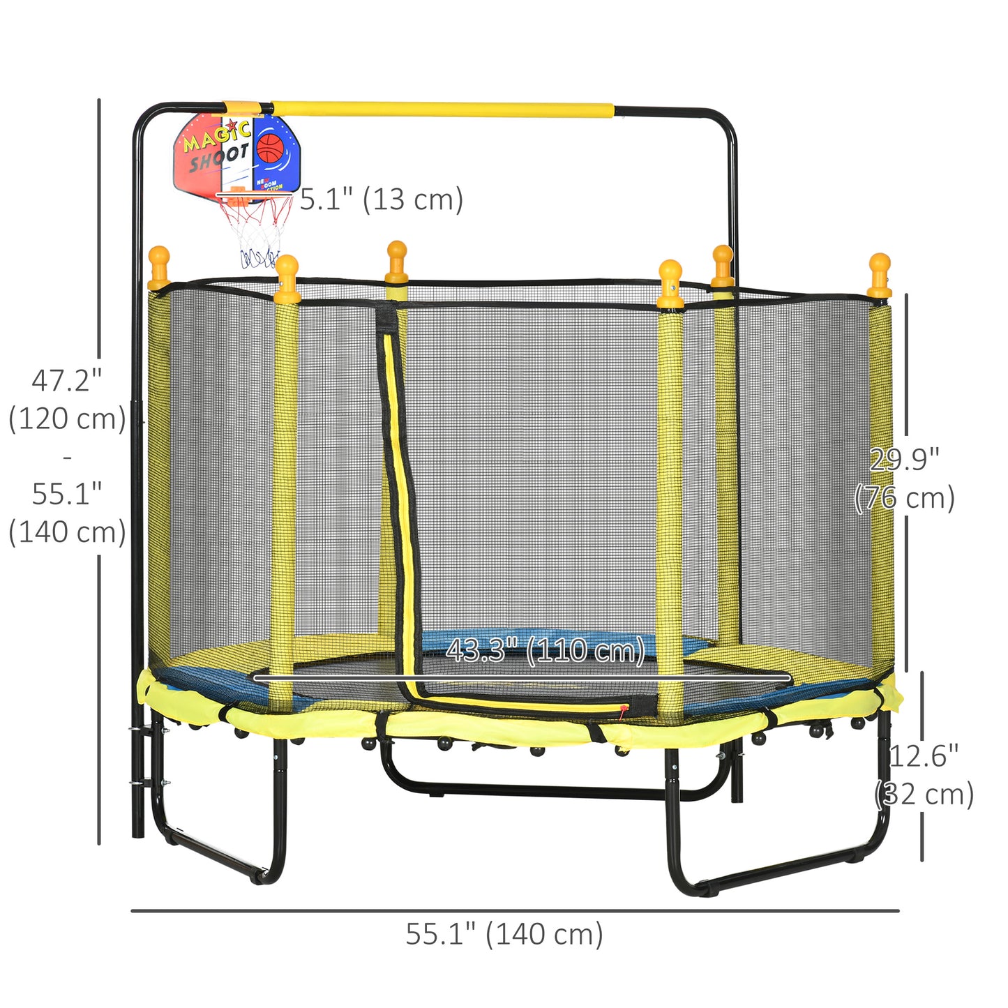 4.6ft Kids Trampoline with Basketball Hoop, Horizontal Bar with Net for Children Ages 3-10, Yellow Kids Crystal