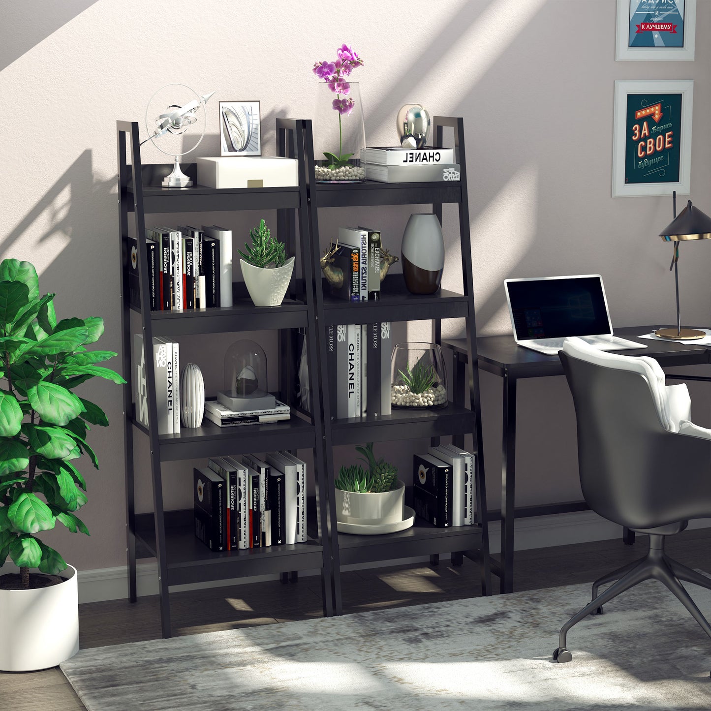 4 Tier Ladder Shelf Bookcase Set of 2 Display Rack Storage Shelving Unit Flower Plant Stand Multi-Use Black Kids Crystal
