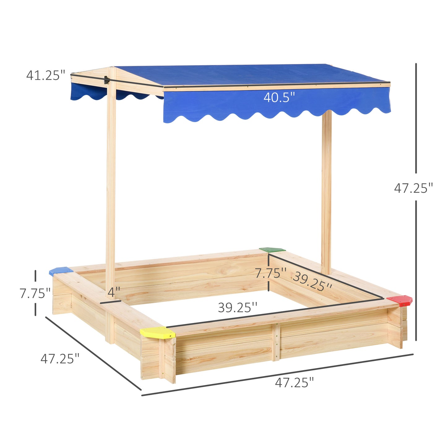 Kids Wooden Sandbox, Play Station for Children Outdoor, with Adjustable Canopy Shade, Seats, for Backyard, Beach Kids Crystal