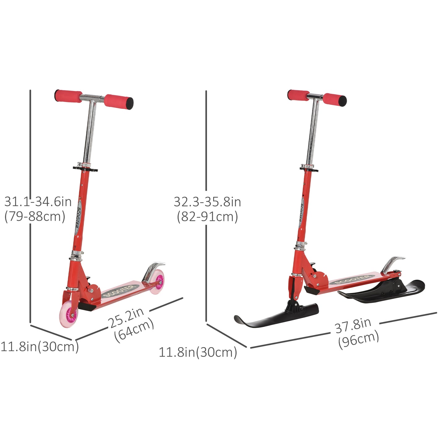 2-in-1 Red Scooter for All Seasons - Convertible Street & Snow Scooter with Wheels & Blades Kids Crystal