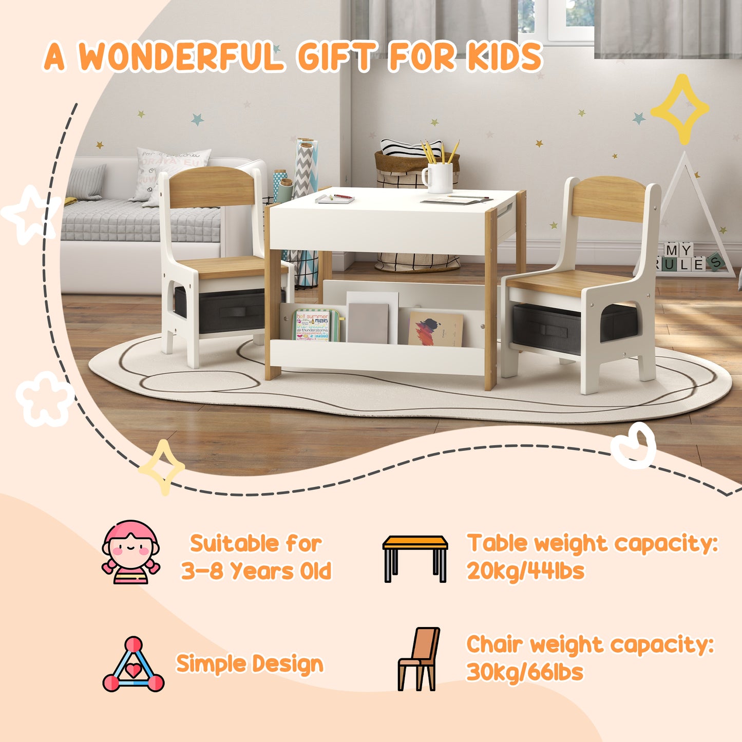 3-Piece Kids Table & Chair Set with Reversible Tabletop & Storage in Natural - Perfect for Nurseries