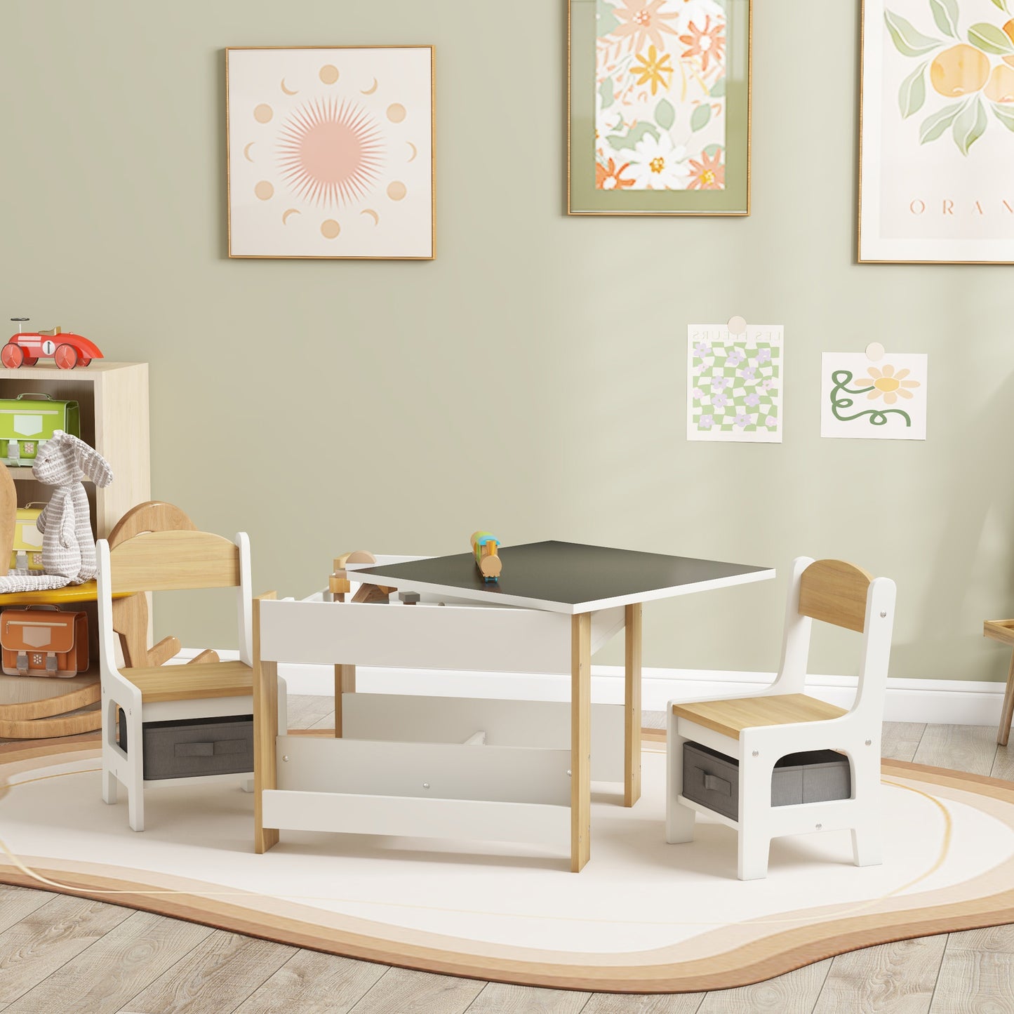 3-Piece Kids Table & Chair Set with Reversible Tabletop & Storage in Natural - Perfect for Nurseries Kids Crystal