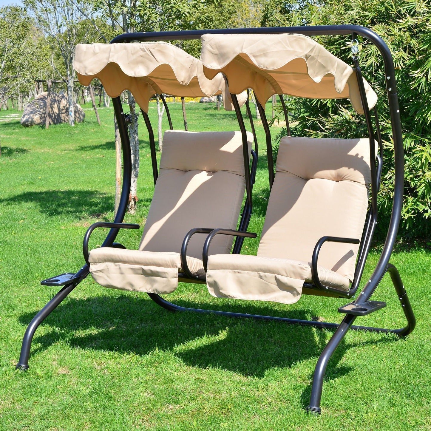 Luxury Metal Swing Chair 2 Seater Hammock Heavy-Duty with Canopy Cushions Beige Kids Crystal