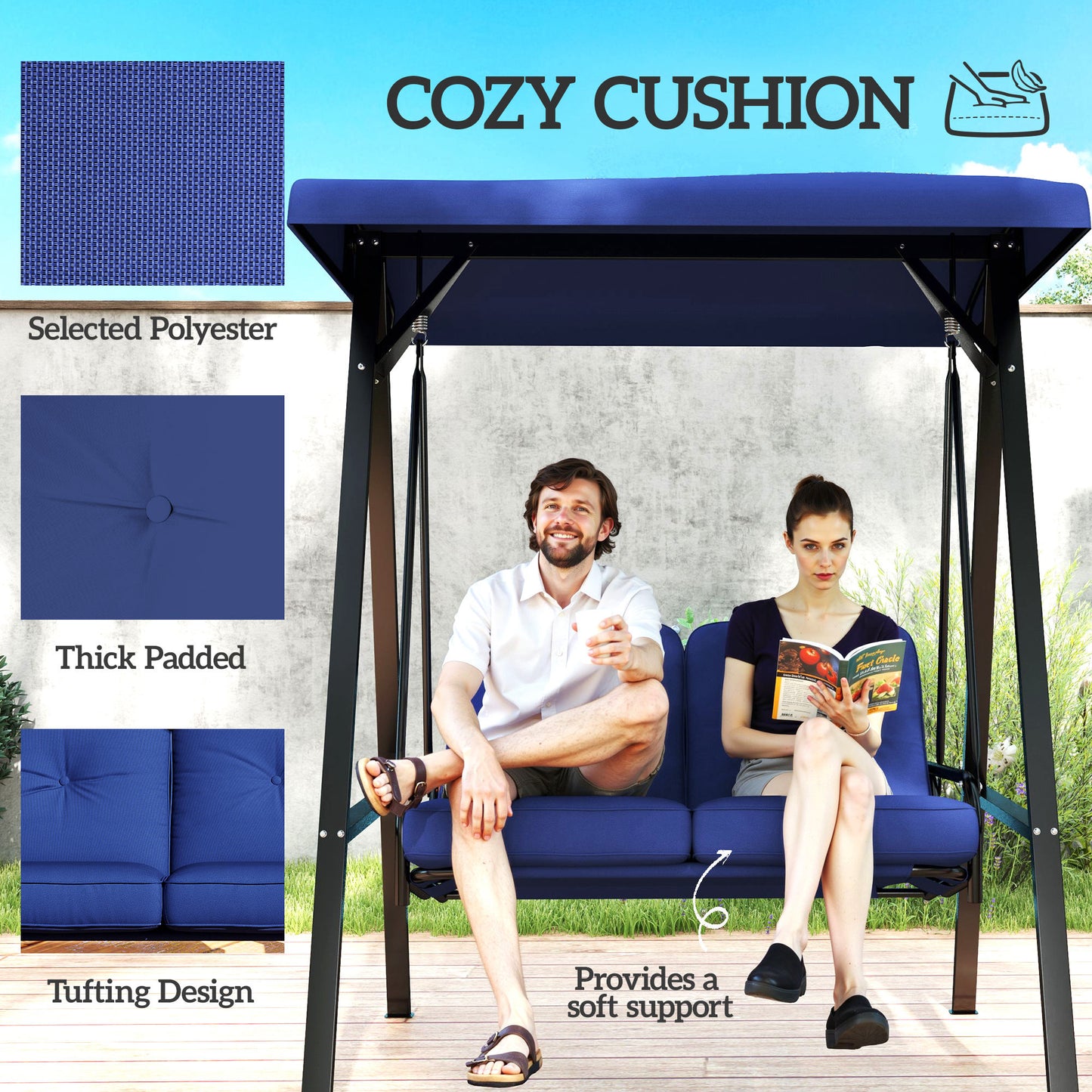 2-Seater Outdoor Porch Swing with Adjustable Canopy, Patio Swing Chair for Garden, Poolside, Backyard, Dark Blue
