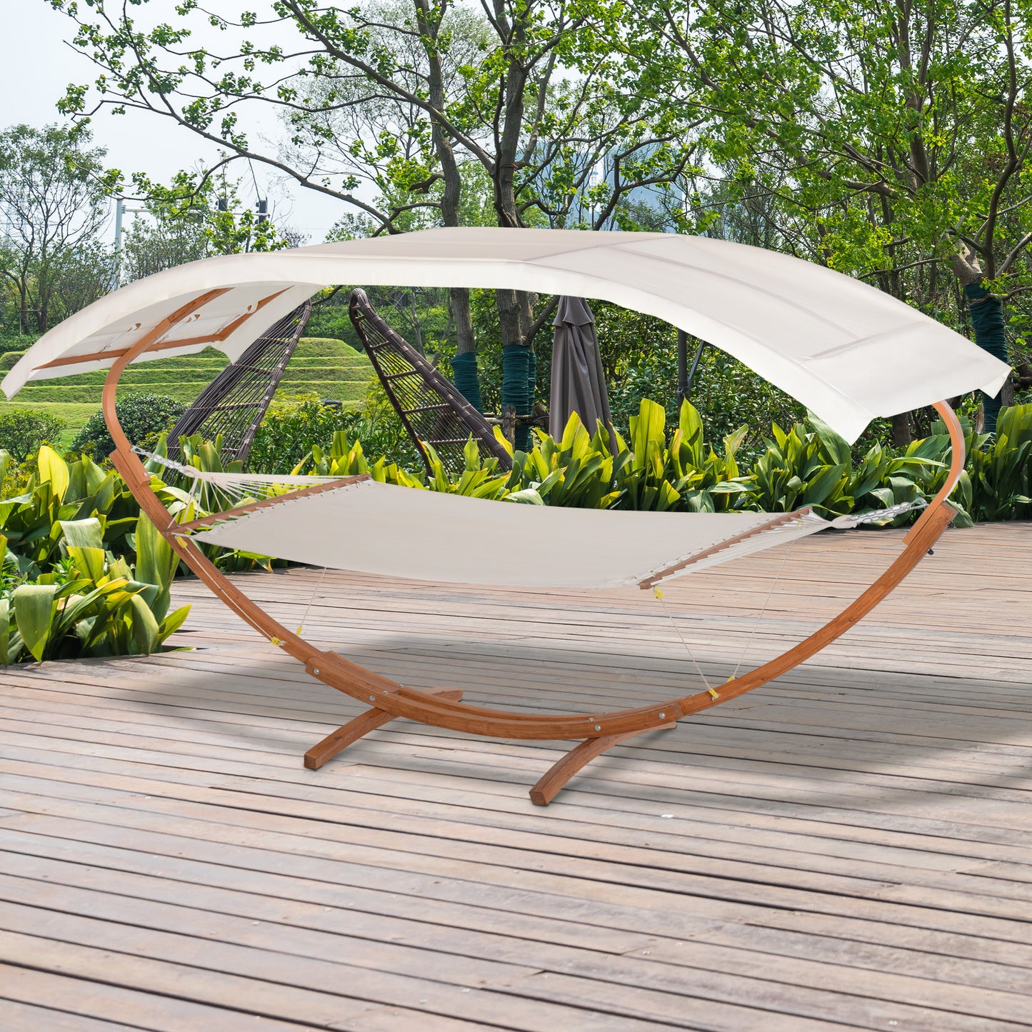 2 Person Wood Swing Arc Hammock Bed and Stand Set with Canopy, White/Teak Kids Crystal